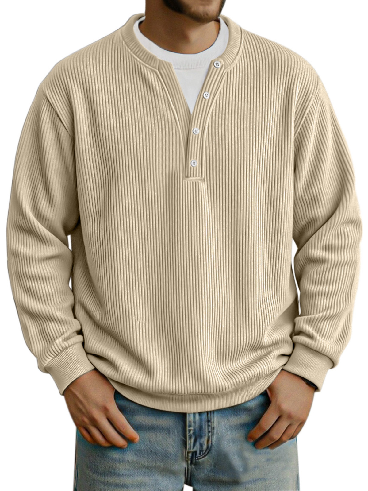 Men's Fashionable Vertical Pit Strip Fake Two-piece Button Design Long-sleeved Top