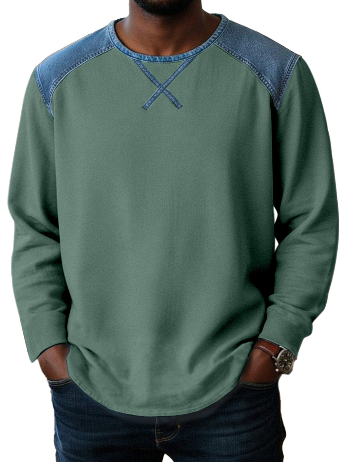 Basic Casual Inverted Triangle Design Spliced ​​round Neck Long-sleeved T-shirt