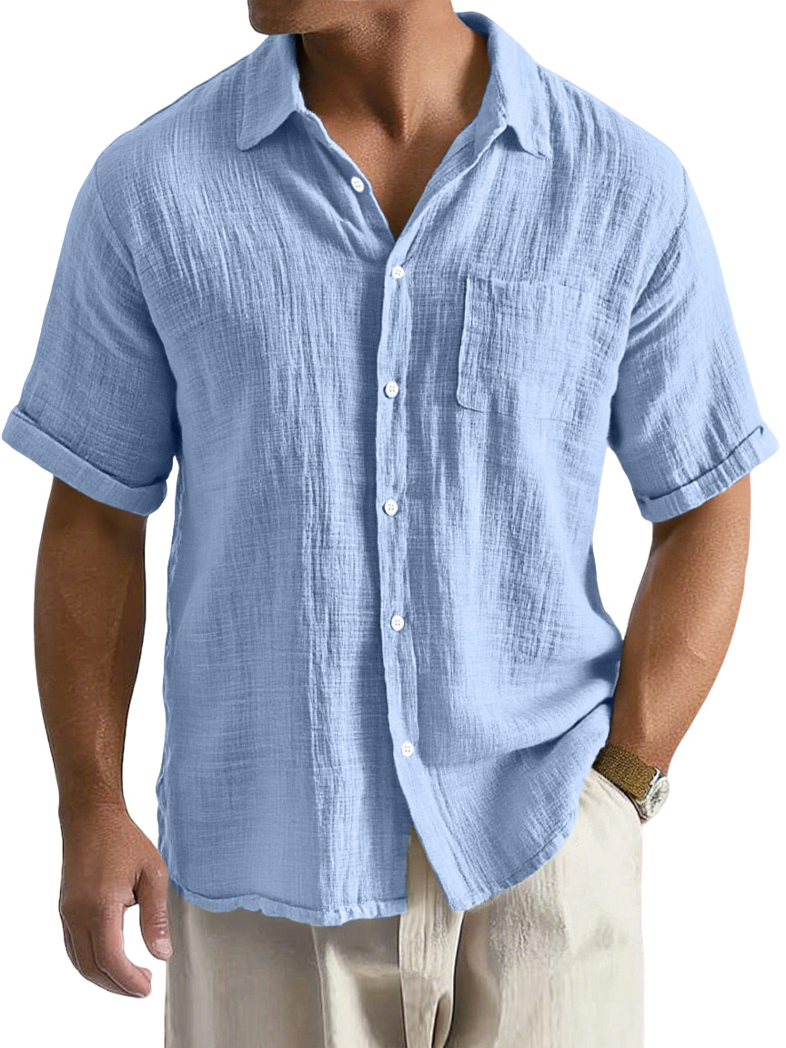 Men's Daily Casual Loose And Comfortable Imitation Linen Lapel Short-sleeved Button-down Shirt