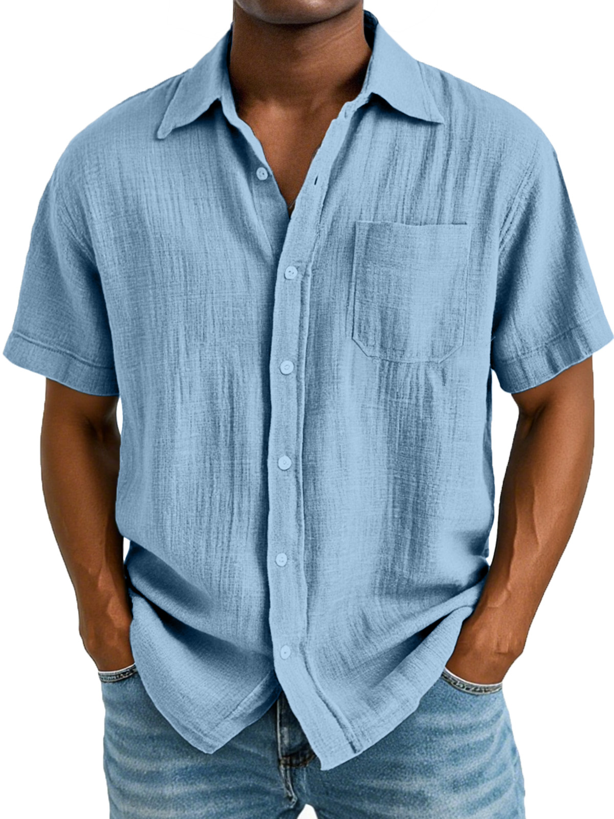 Men's Casual And Comfortable Solid Color Cotton And Linen Short-sleeved Lapel Shirt