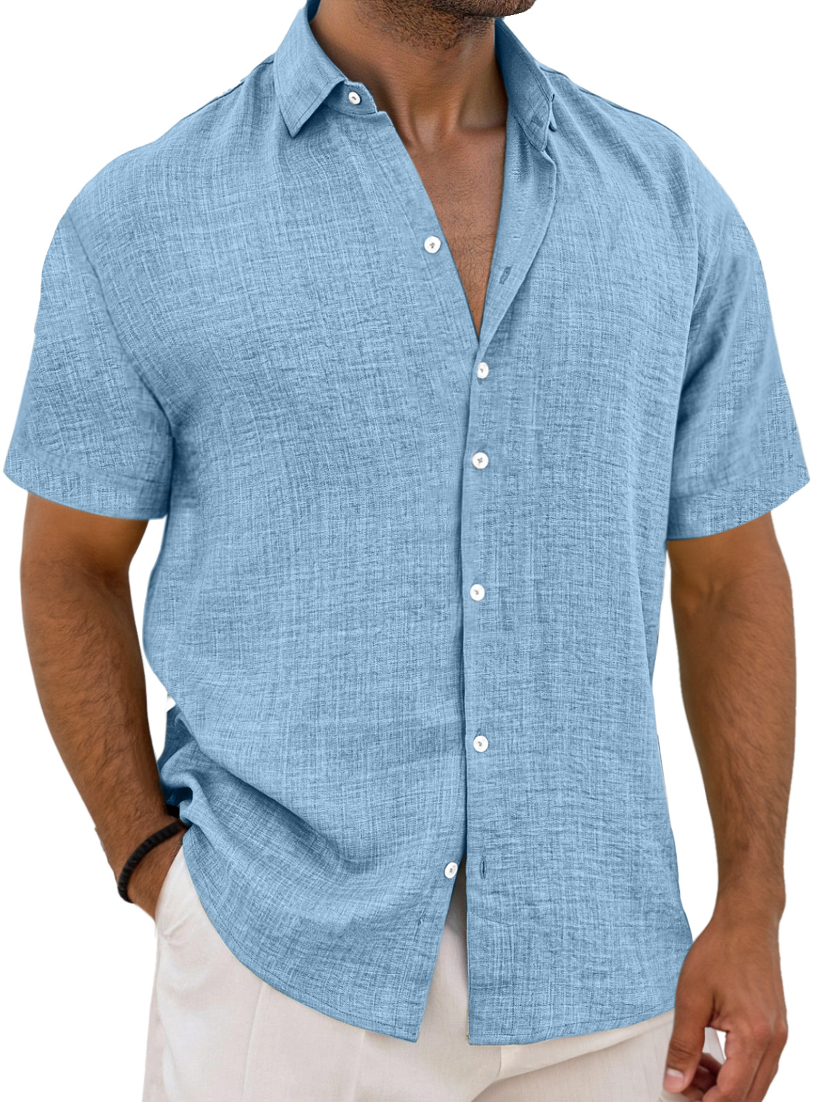 Men's Simple Solid Color Breathable Loose Lapel Short-sleeved Shirt