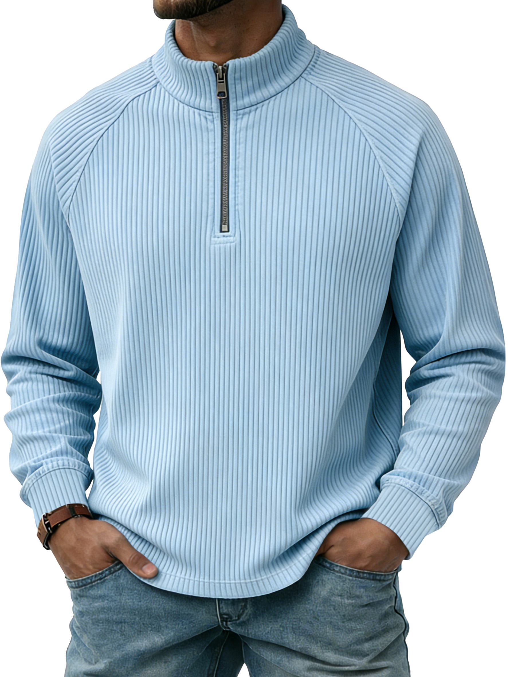 Men's Casual Simple Vertical Stripe Zip-up Stand-collar Raglan Sleeve Polo Shirt