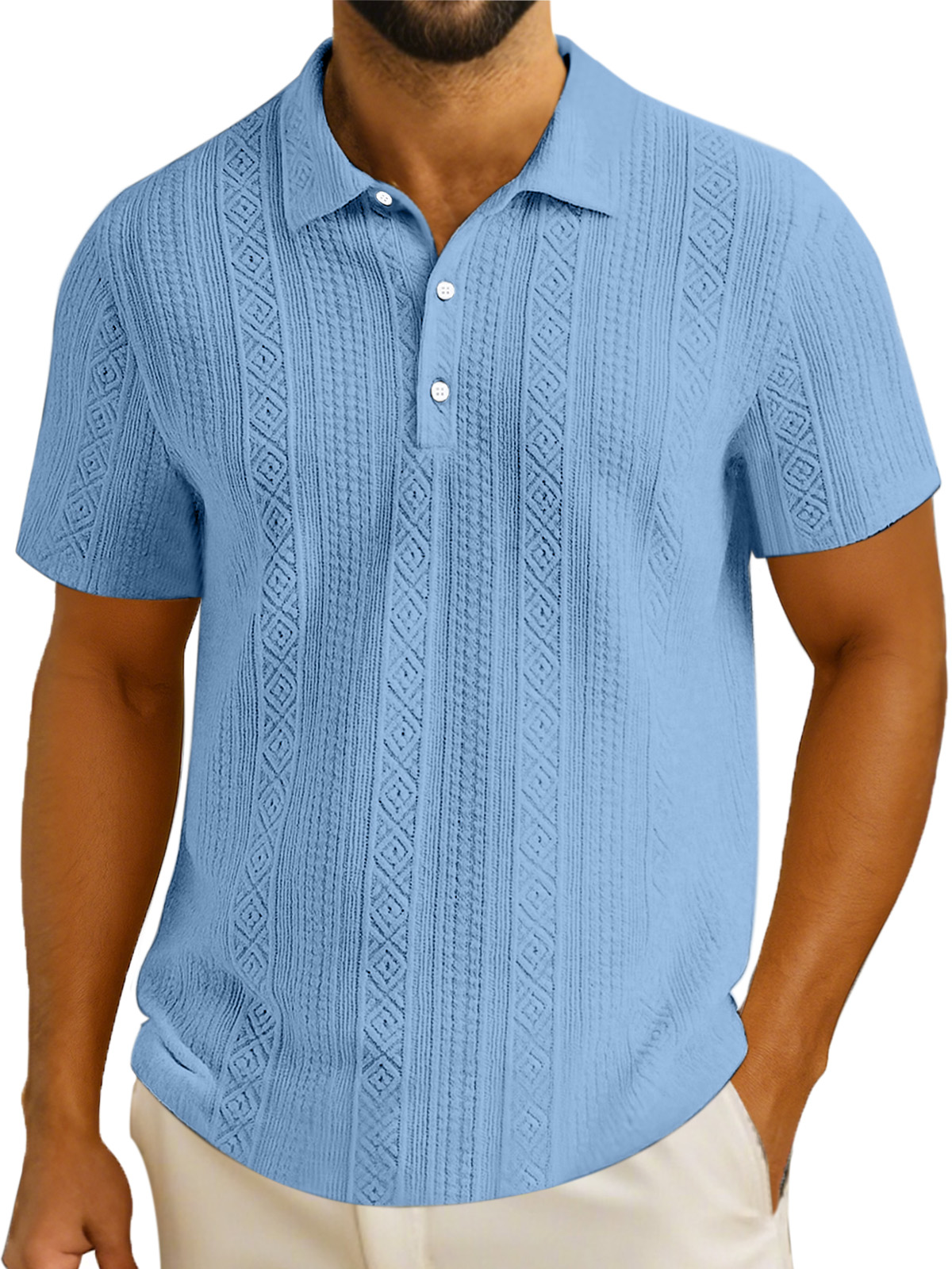 Men's Simple Solid Color Textured Lapel Button Short-sleeved Polo Shirt