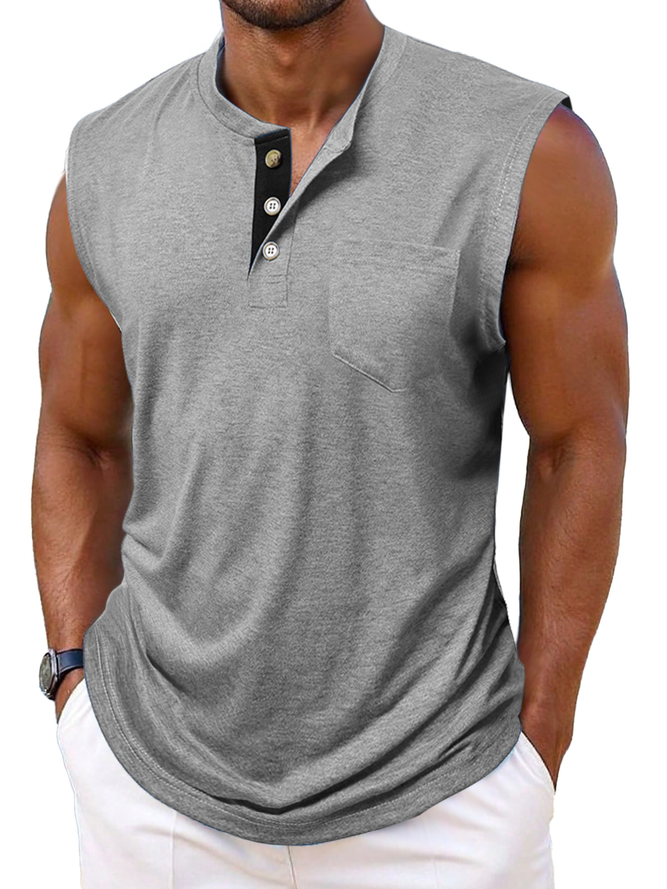 Men's Simple Casual Contrast Color Sleeveless Henley Shirt