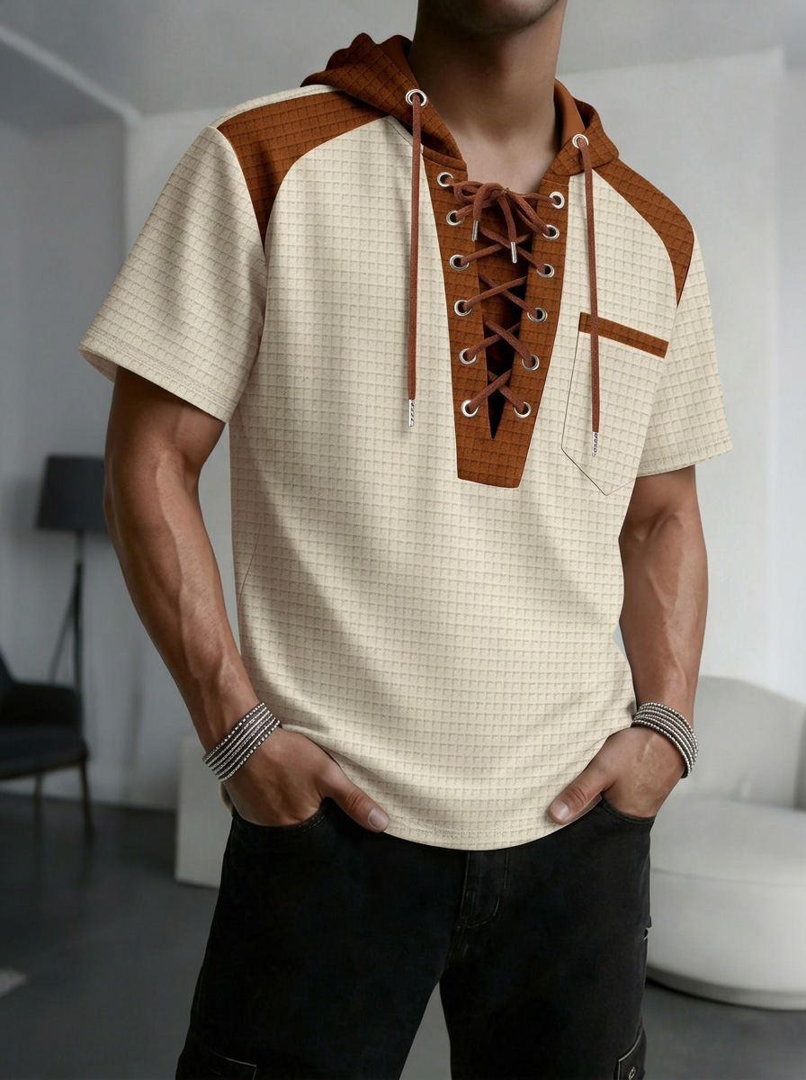 Men's Waffled Short-Sleeve Hoodie Contrast Lace-Up Tee