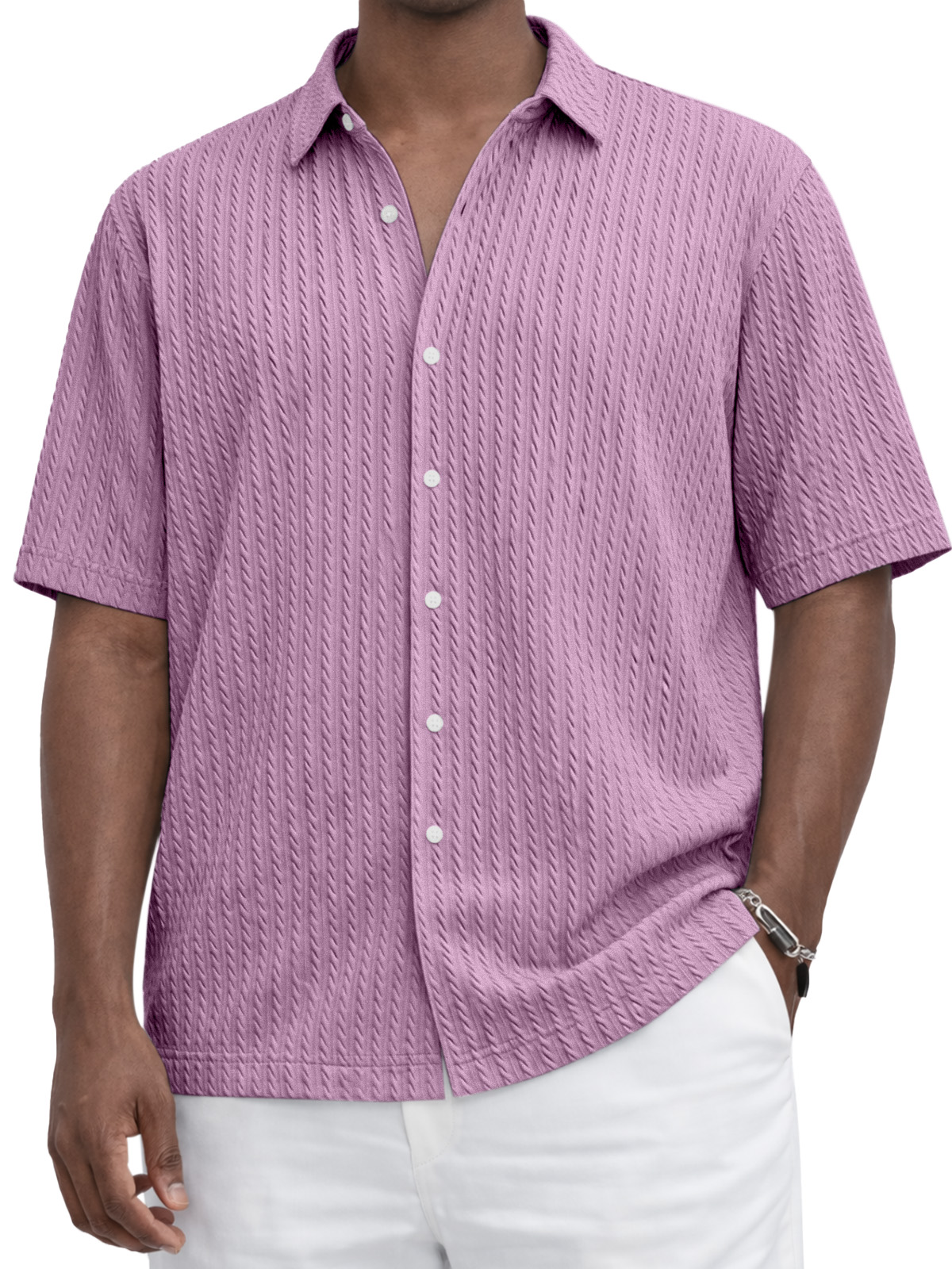 Everyday Casual Solid Color Textured Short-Sleeve Shirt