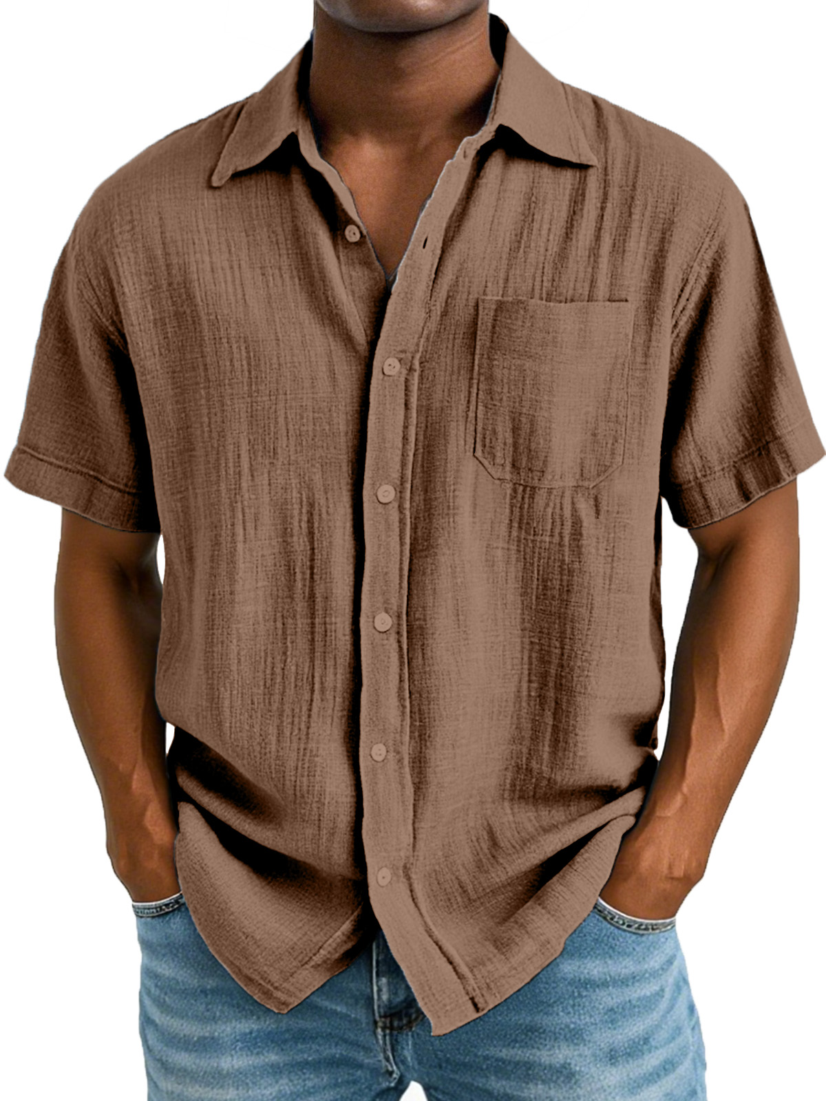 Men's Casual And Comfortable Solid Color Cotton And Linen Short-sleeved Lapel Shirt