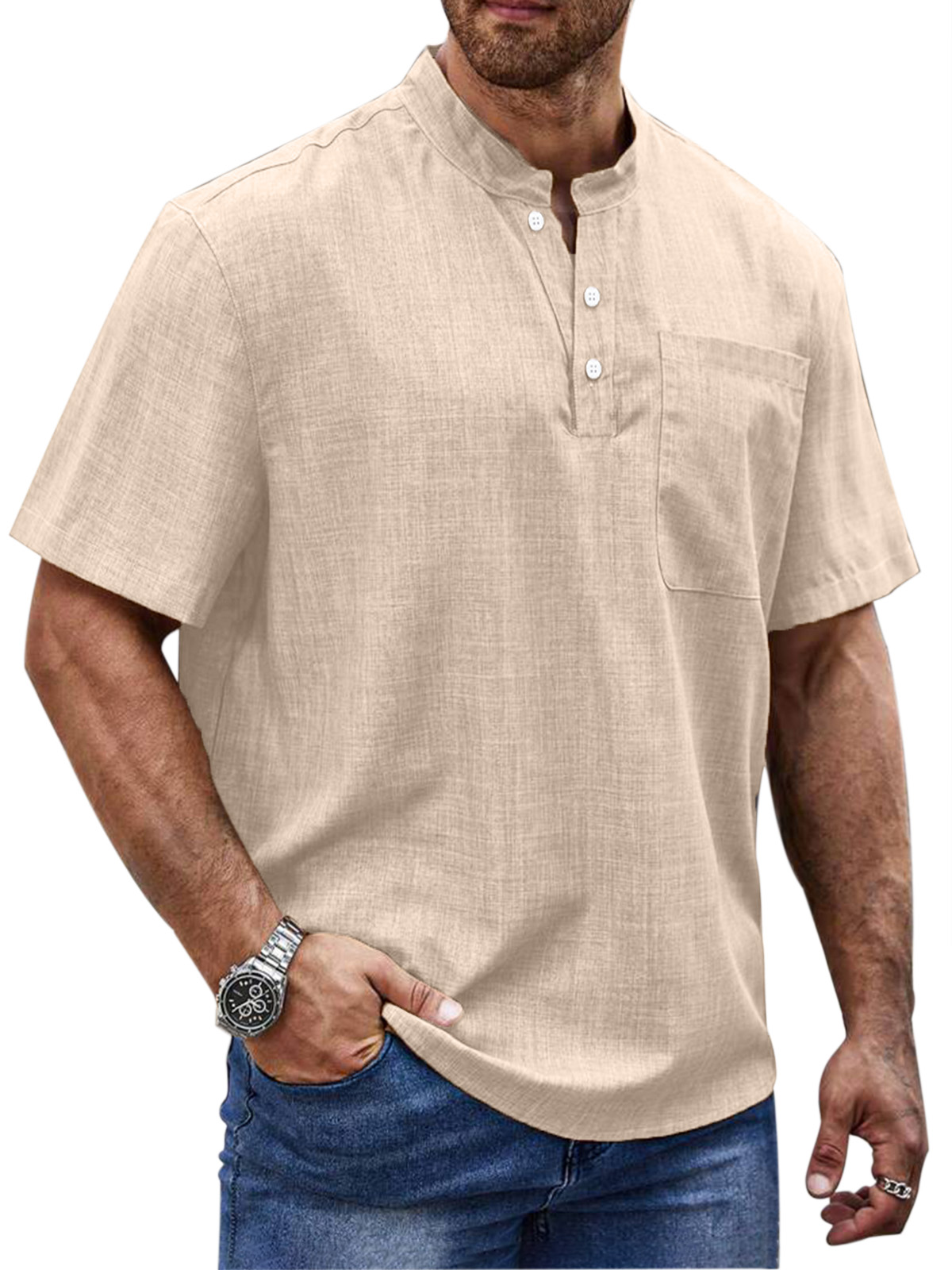Men's Simple Daily Solid Color Short Sleeve Button Stand Collar Polo Shirt