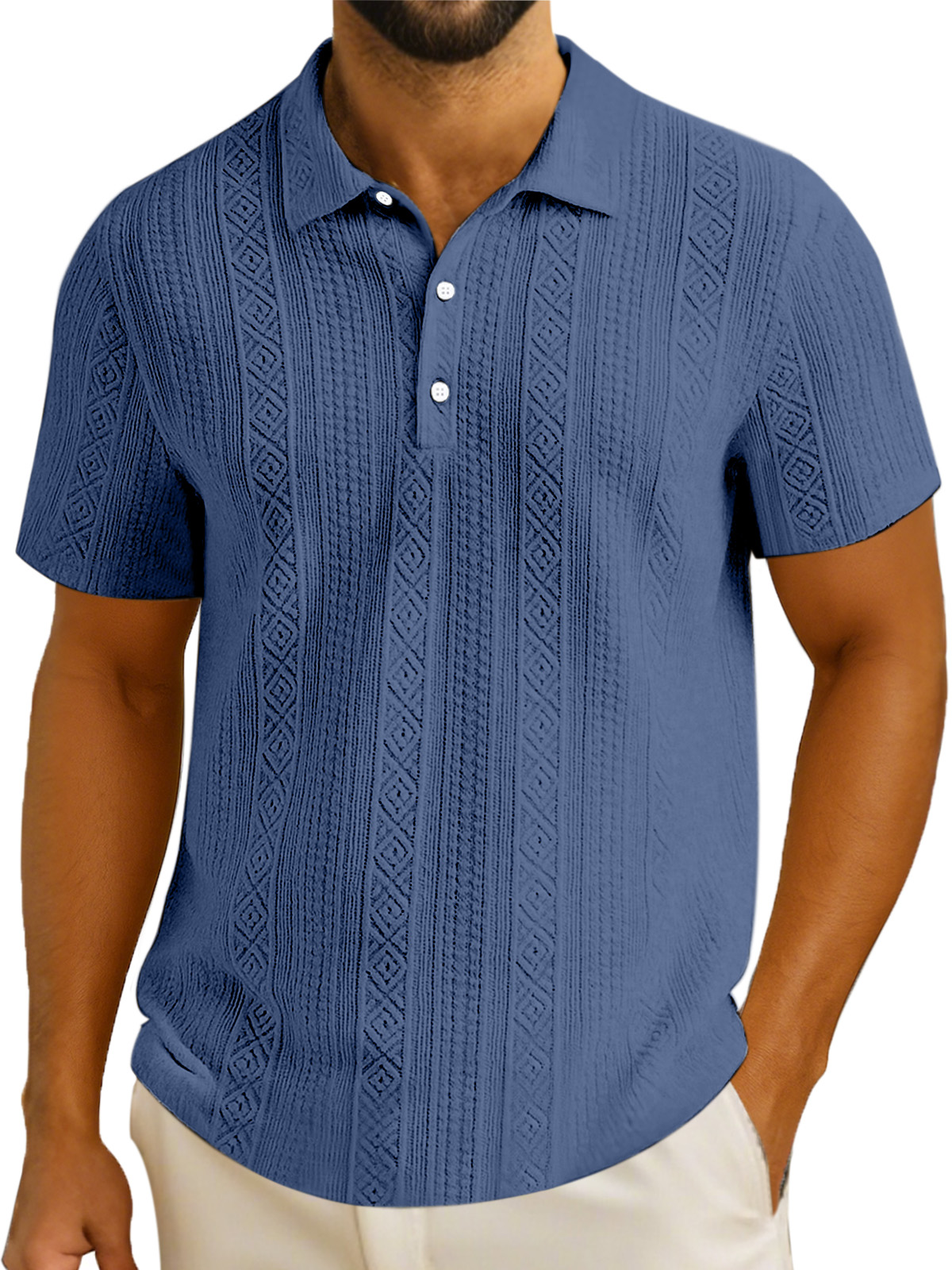 Men's Simple Solid Color Textured Lapel Button Short-sleeved Polo Shirt