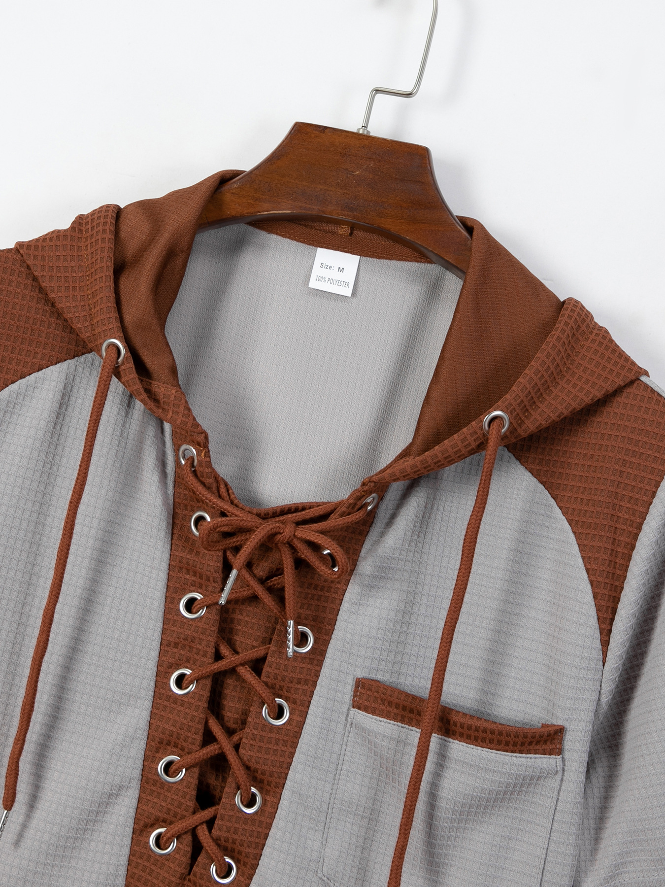 Men's Waffled Short-Sleeve Hoodie Contrast Lace-Up Tee