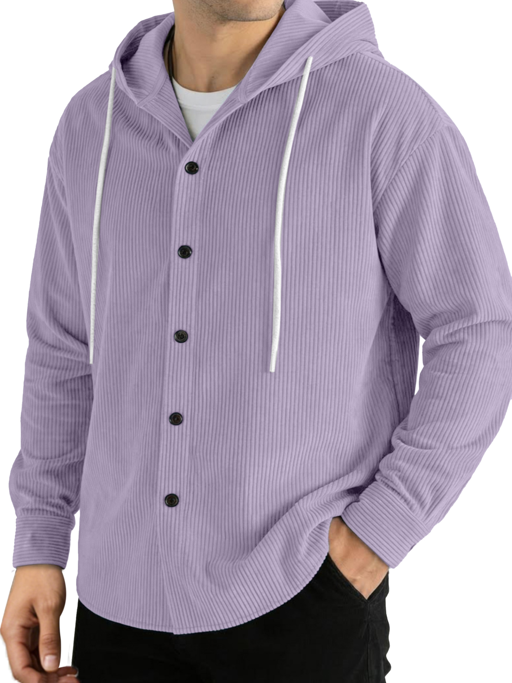 Casual Solid Color Vertical Ribbed Button-Up Hooded Long-Sleeve Shirt