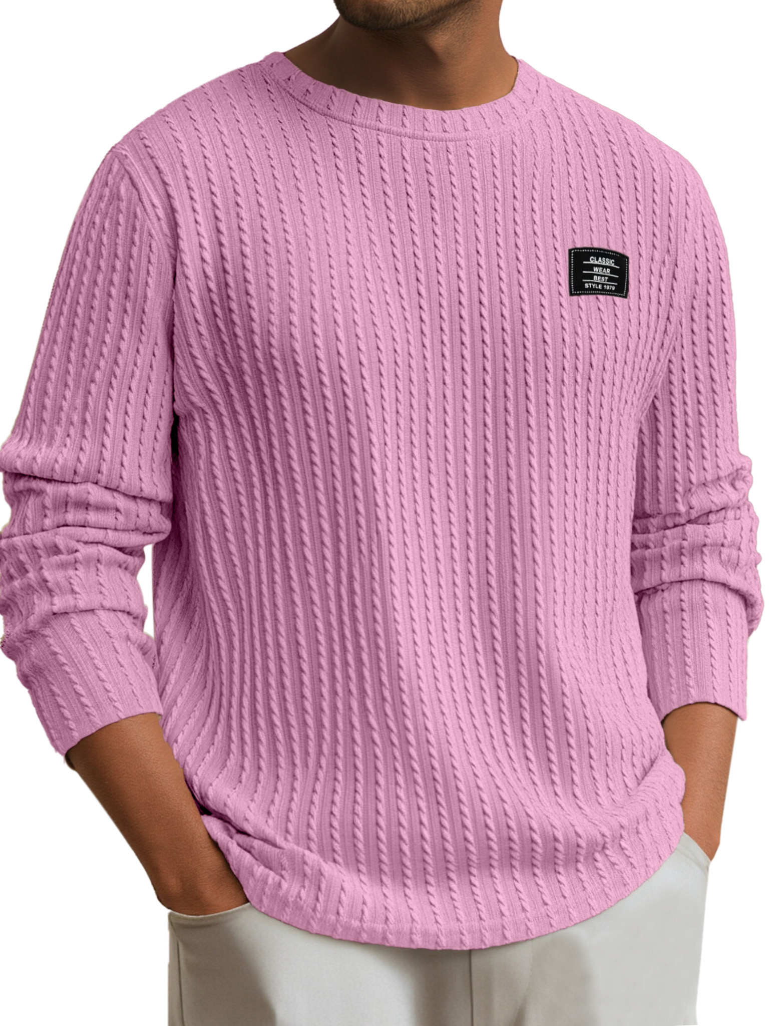 Men's Simple Daily Solid Color Logo Round Neck Long-sleeved T-shirt
