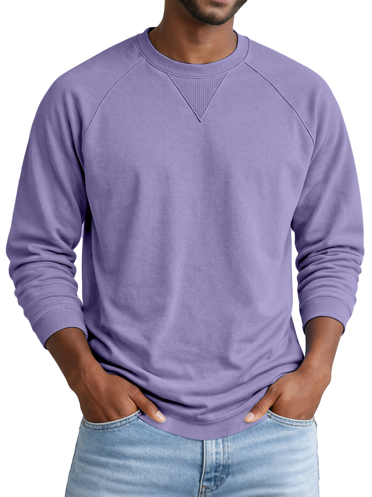 Men's Solid Color Casual Design Raglan Sleeve Crew Neck Long-sleeved T-shirt
