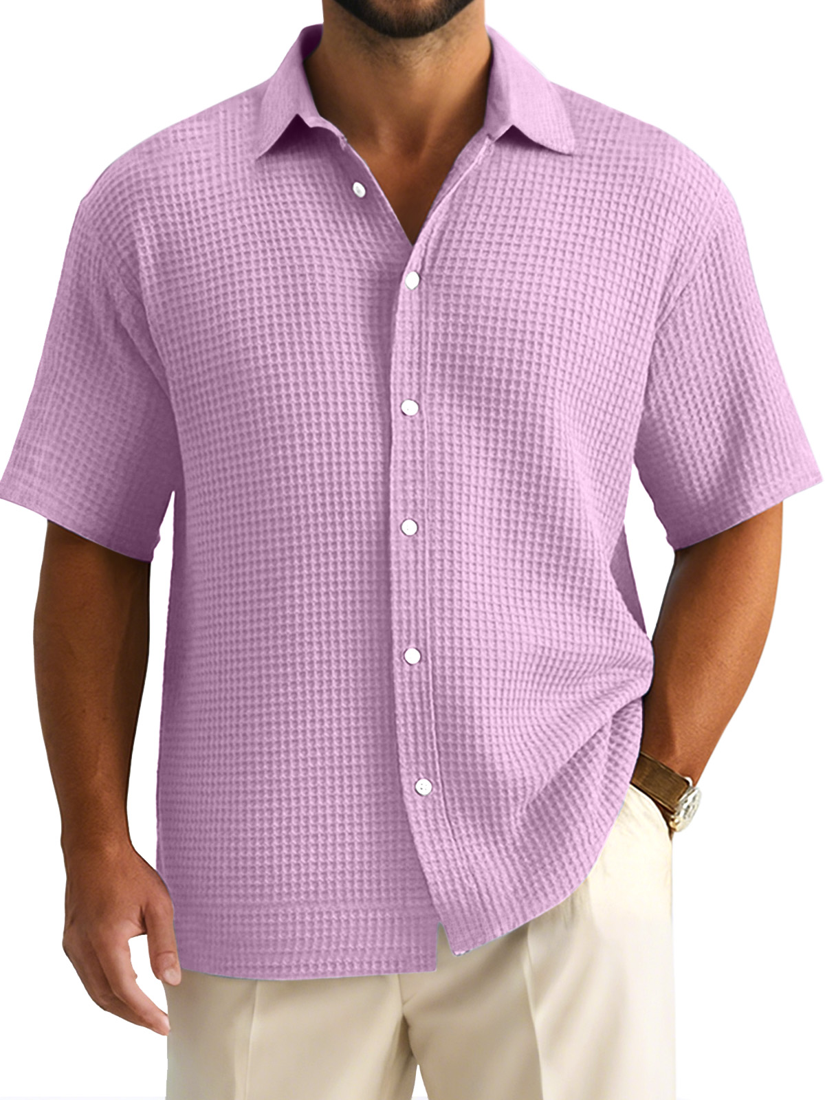 Men's Simple Casual Solid Color Waffle Short-sleeved Button-down Shirt
