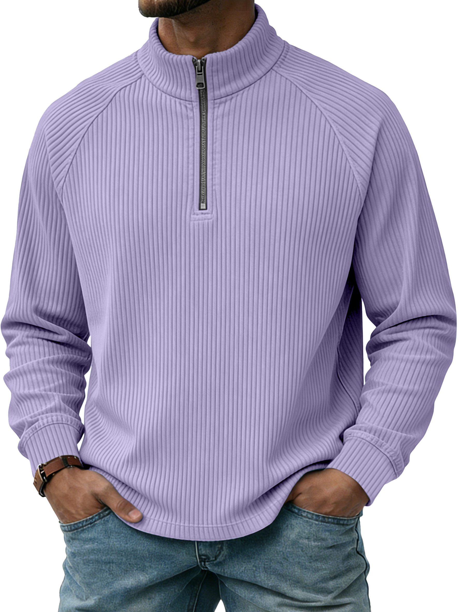 Men's Casual Simple Vertical Stripe Zip-up Stand-collar Raglan Sleeve Polo Shirt