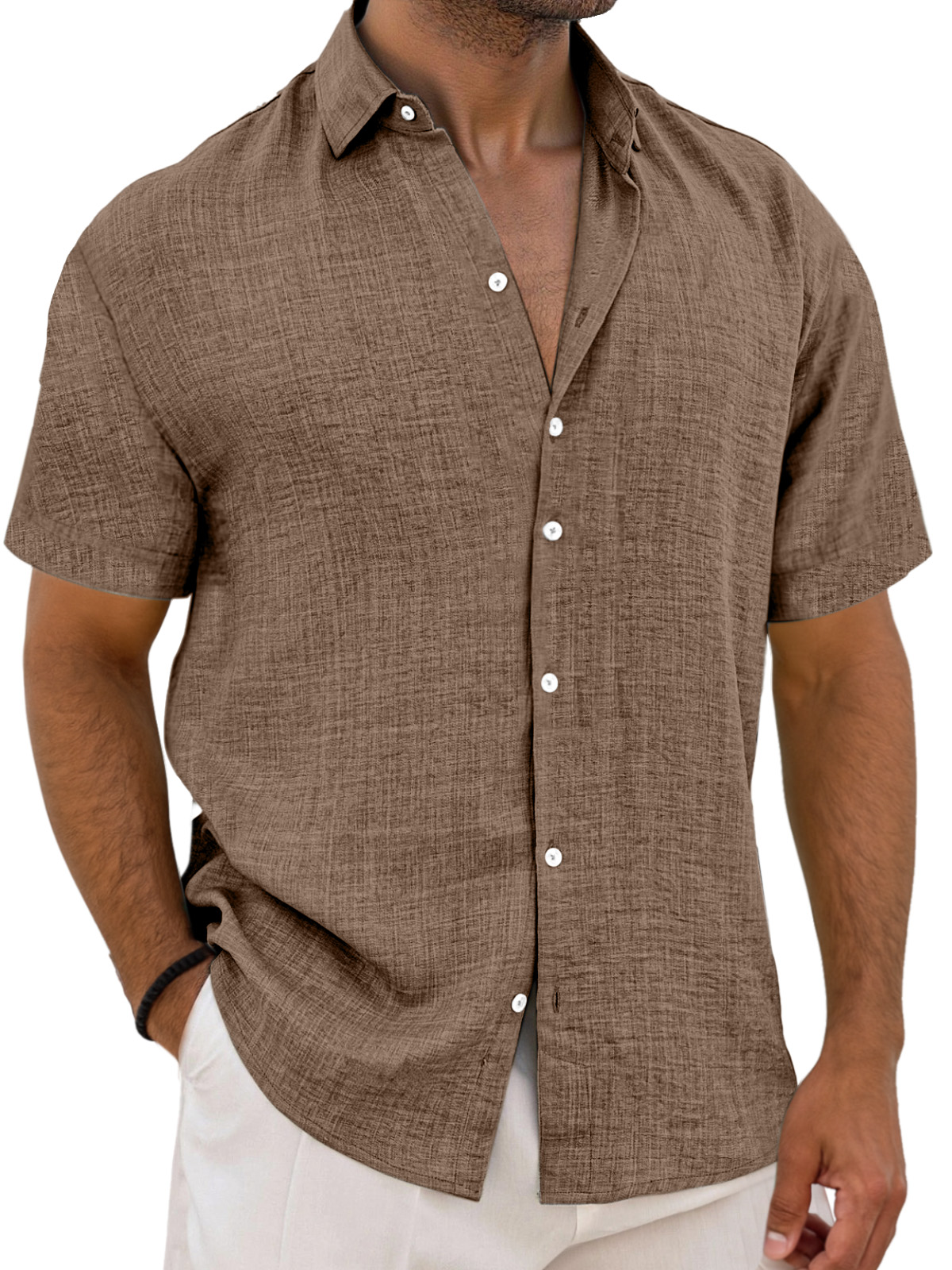 Men's Simple Solid Color Breathable Loose Lapel Short-sleeved Shirt