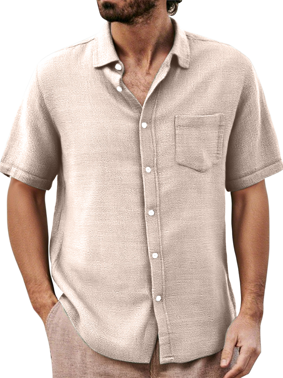 Men's Daily Casual Loose And Comfortable Solid Color Lapel Short-sleeved Button-down Shirt