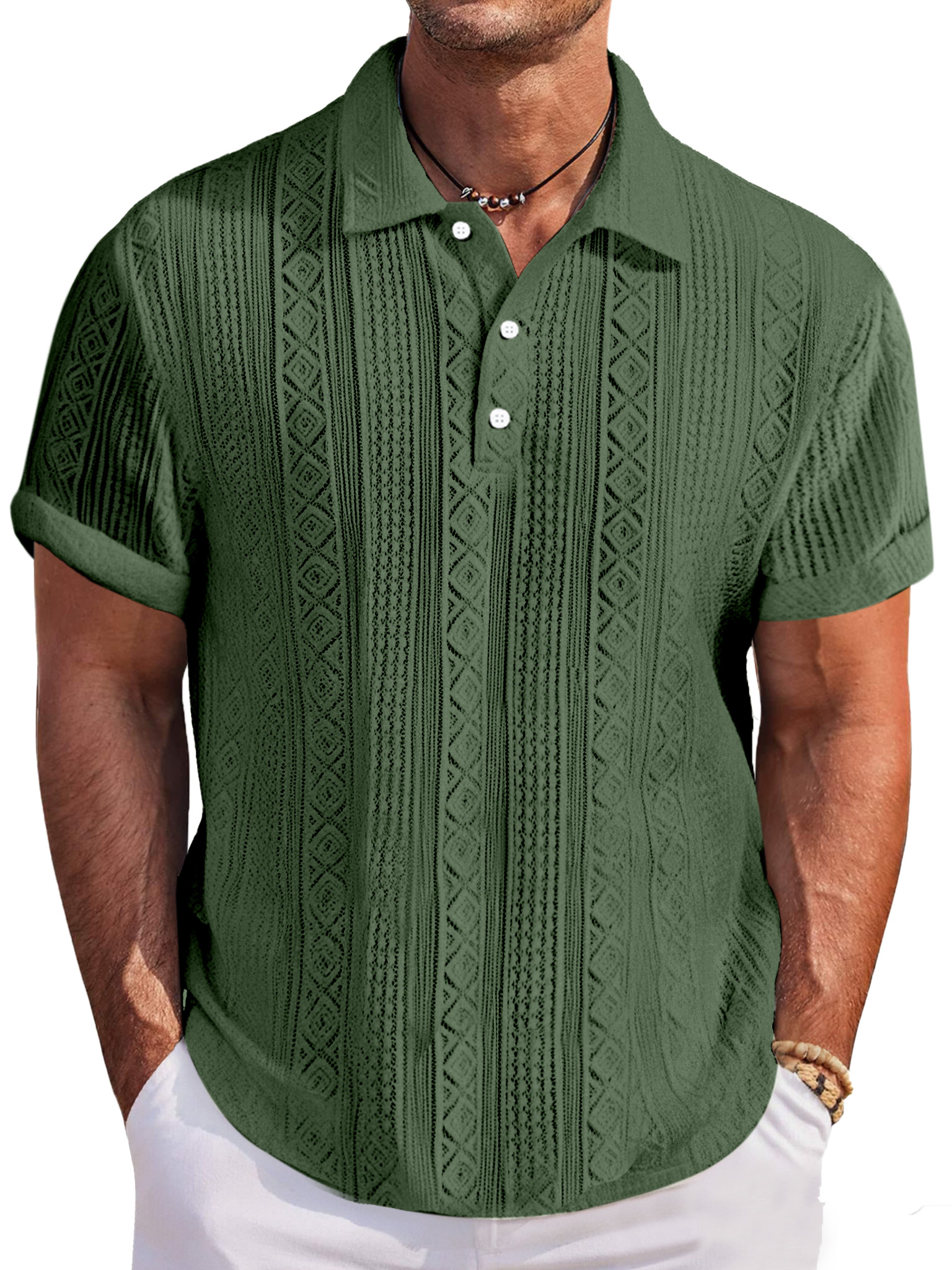 Men's Casual And Comfortable Solid Color Textured Short-sleeved Lapel Polo Shirt