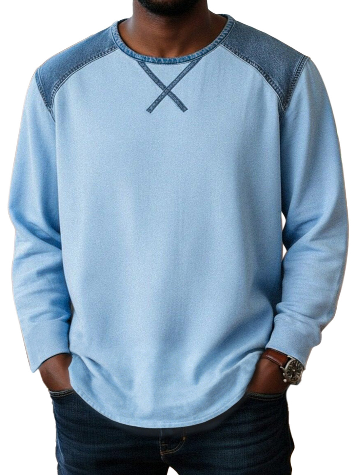 Basic Casual Inverted Triangle Design Spliced ​​round Neck Long-sleeved T-shirt