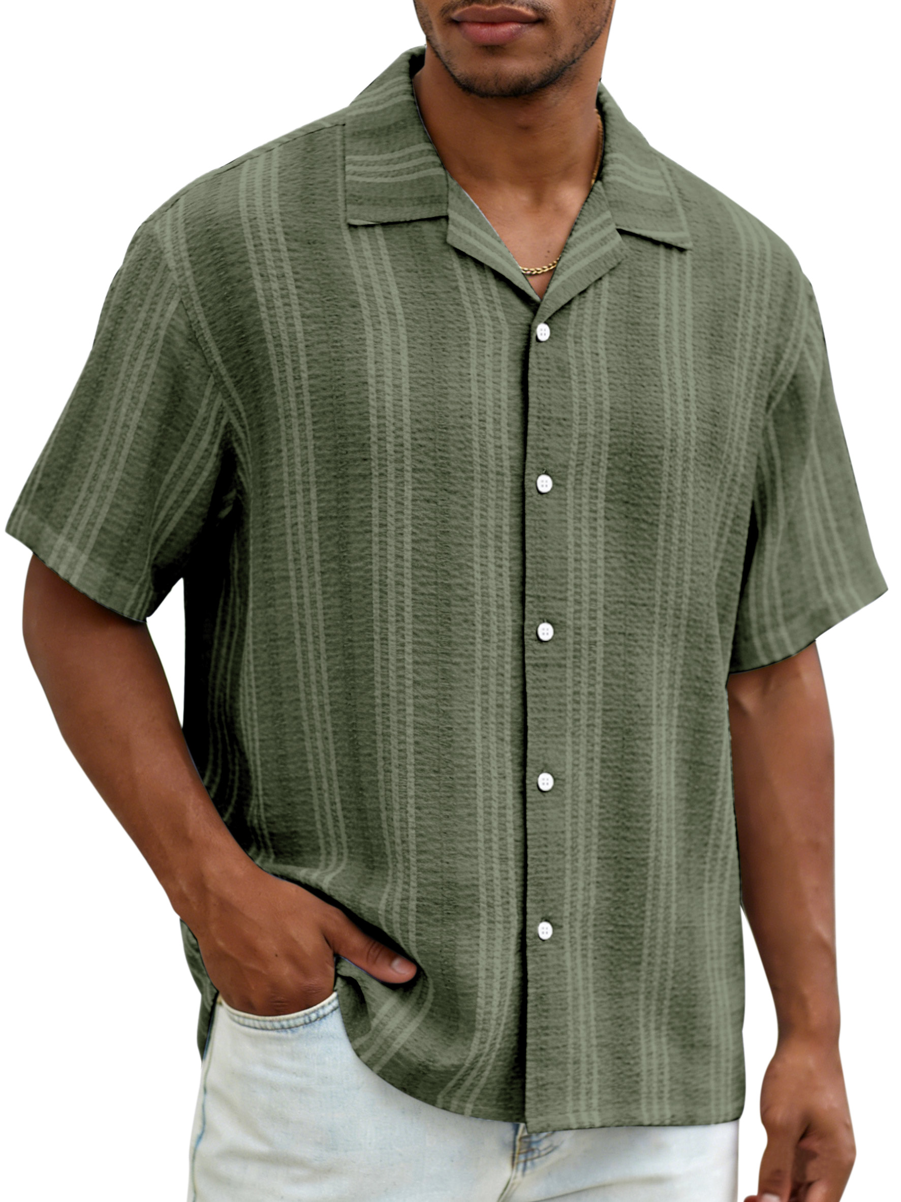 Daily casual resort style vertical striped breathable loose short-sleeved shirt