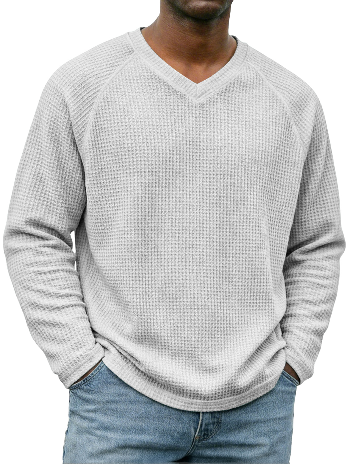 Men's Simple V-neck Raglan Sleeve Waffle Knit Casual Long-sleeved T-shirt