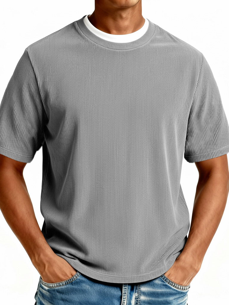 Men's Fashionable Casual Ribbed Fabric Faux Two-Piece Short-Sleeve Crew Neck T-Shirt