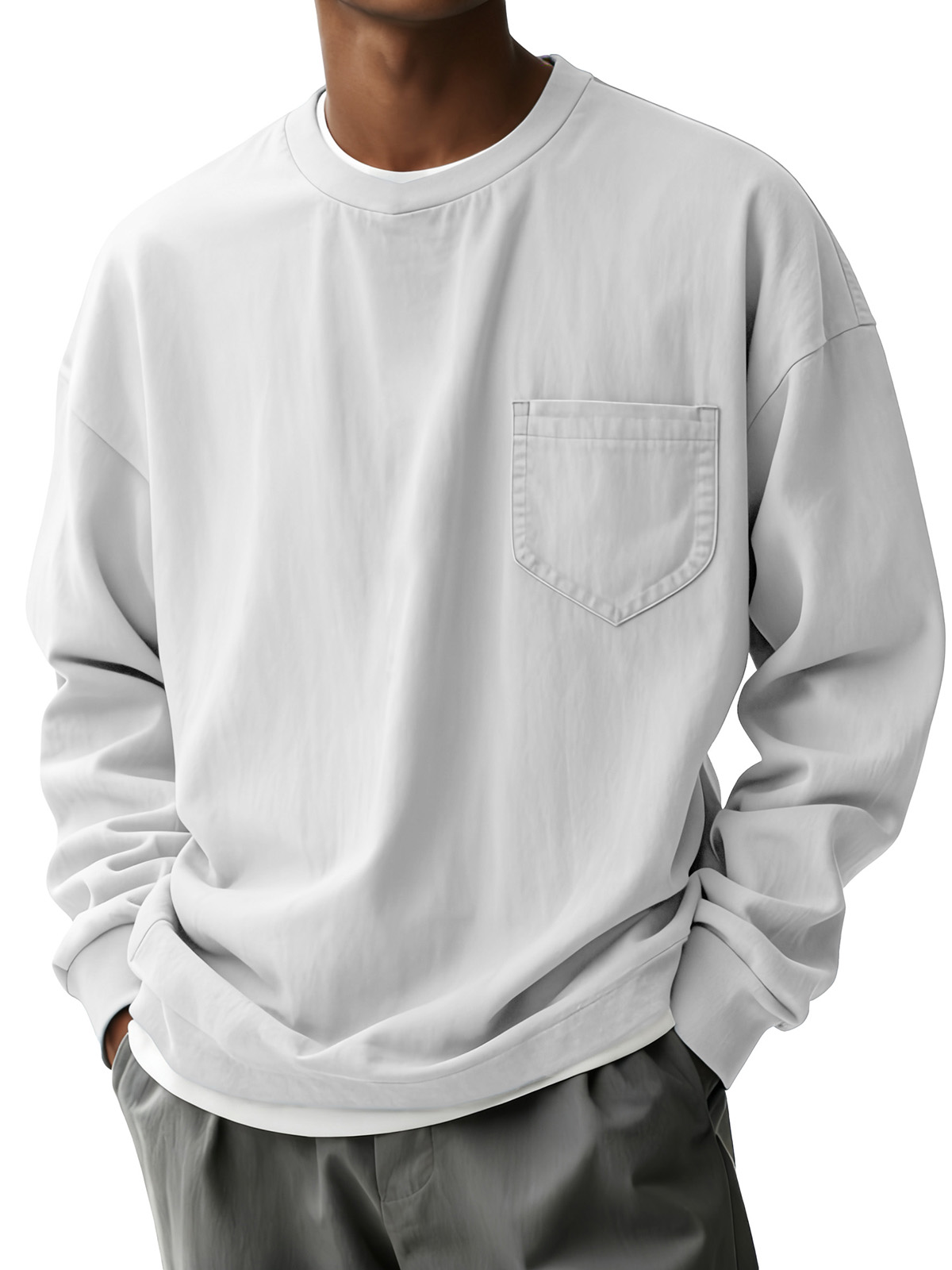 Men's Fashion Casual Pleated Fabric Round-neck Pocket Long-sleeve Top