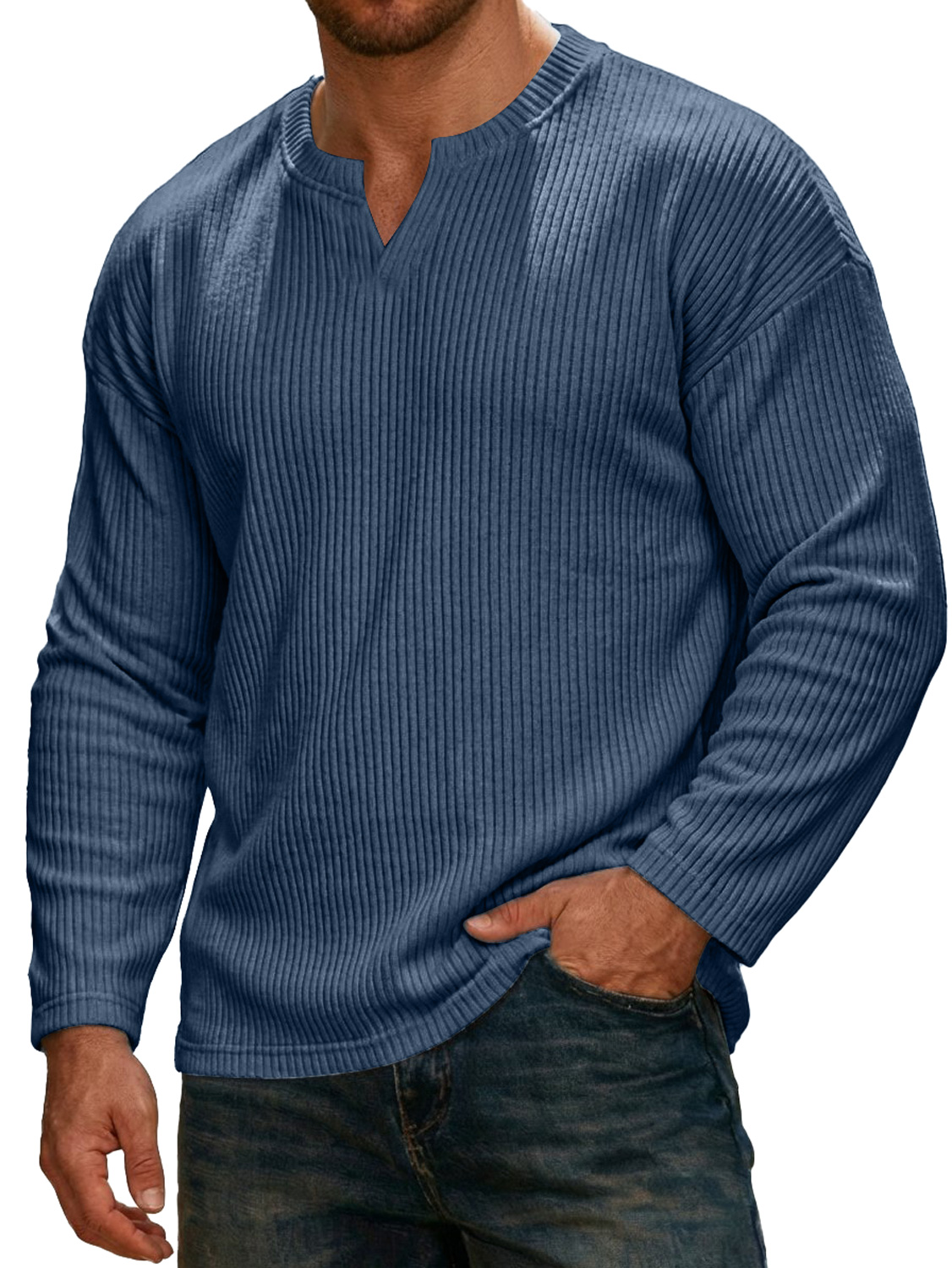Men's Simple Ribbed V-neck Long-sleeved Casual T-shirt
