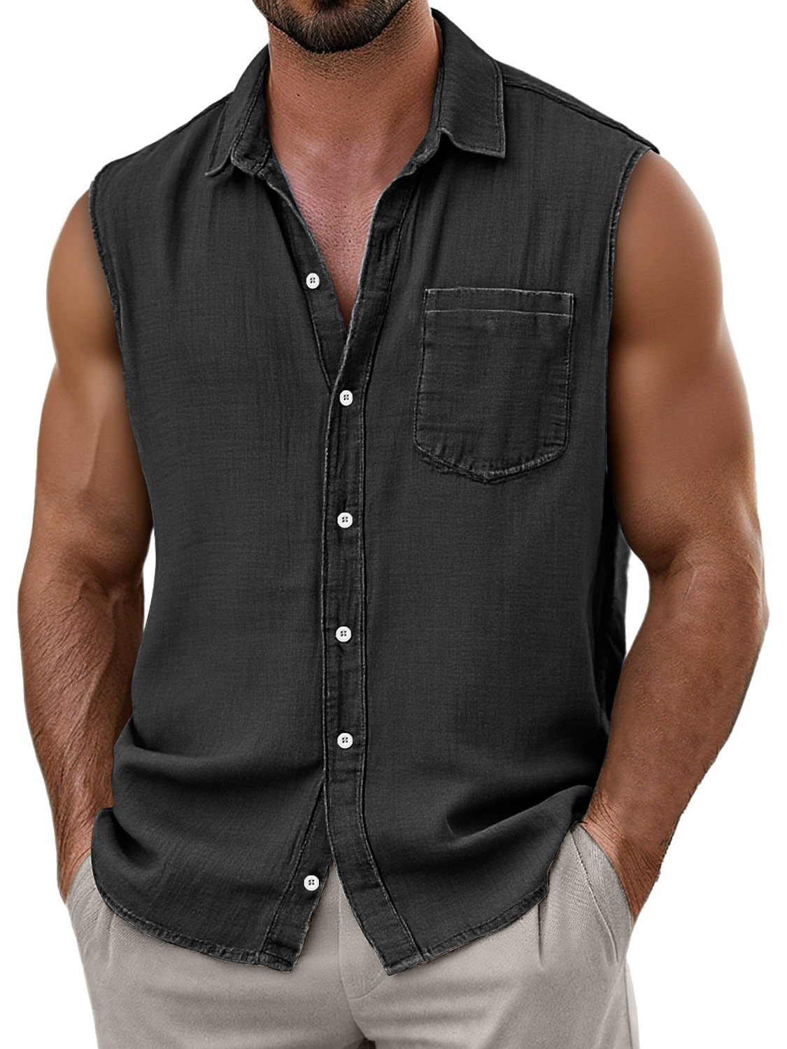 Men's Daily Faux Linen Casual Pocket Comfort Sleeveless Shirt
