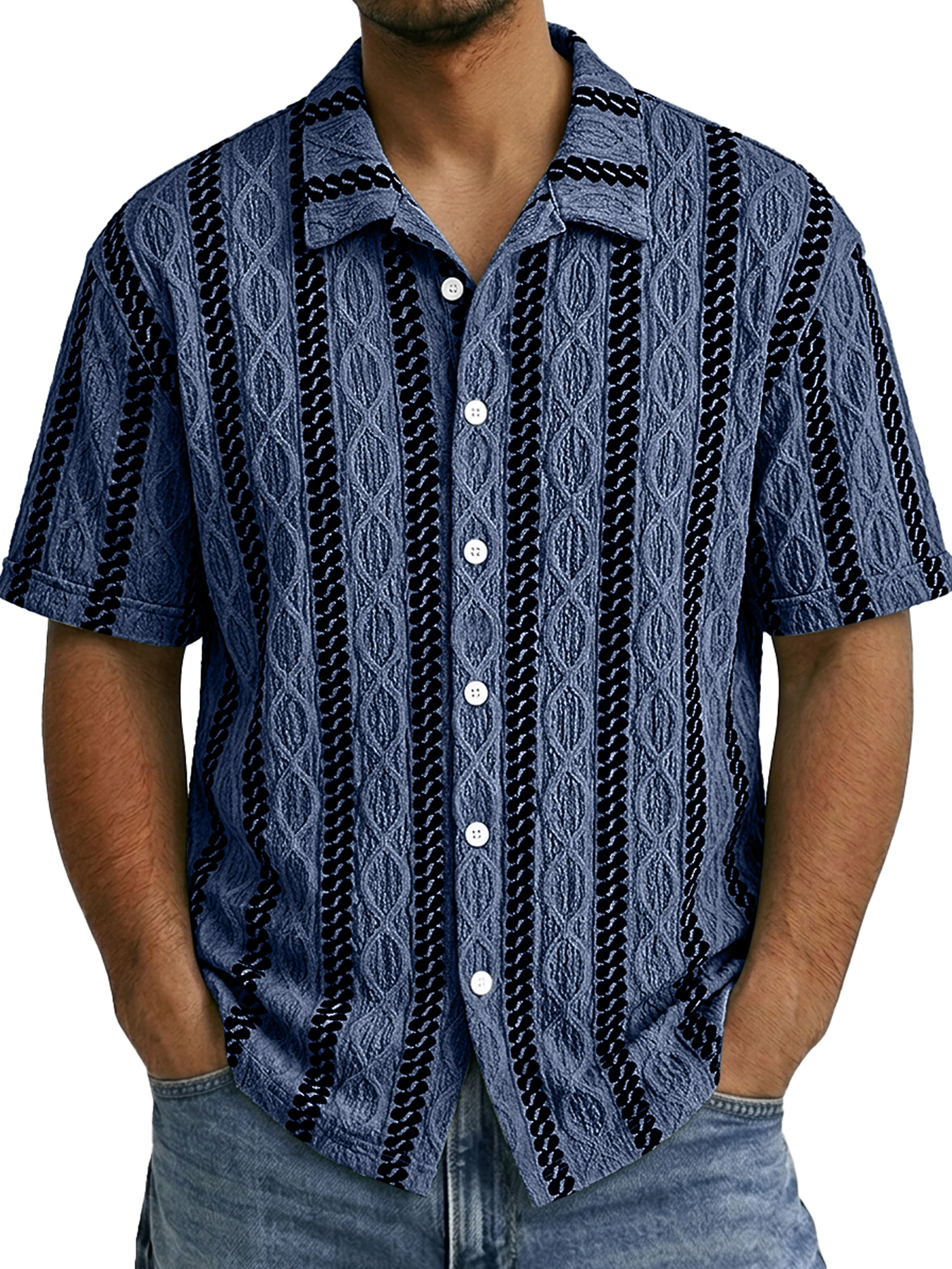 Men's Casual Jacquard Textured Solid Color Short-Sleeve Shirt
