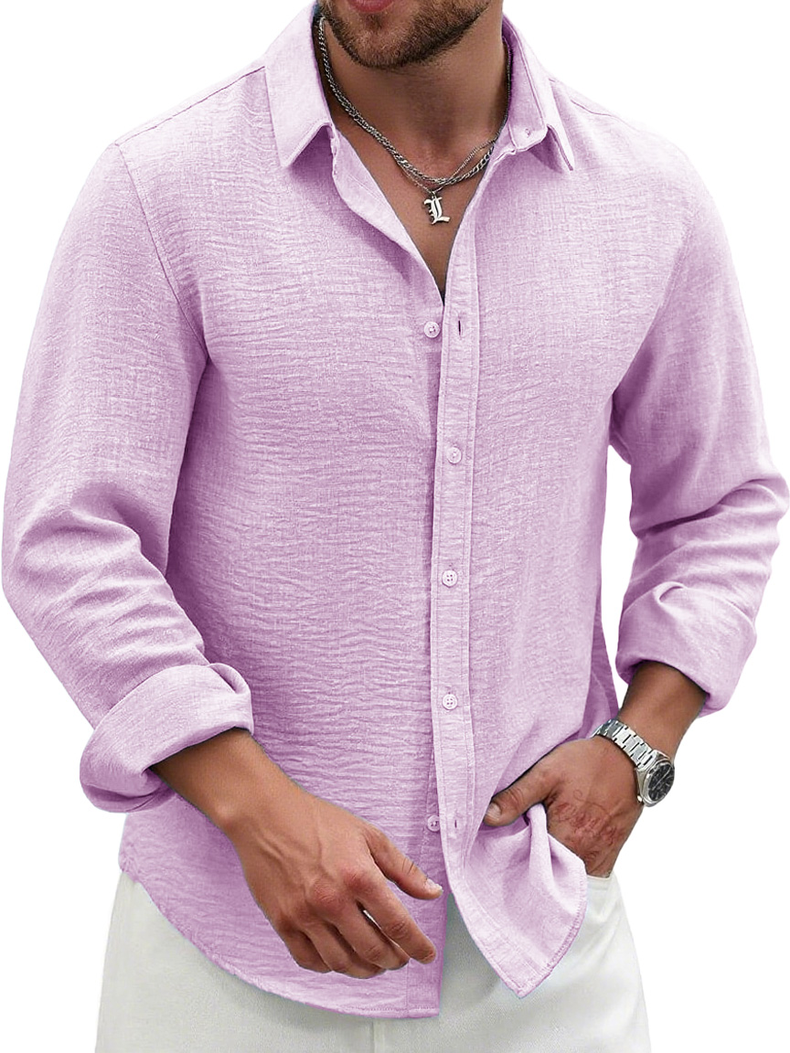 Men's Fashion Casual Pleated Fabric Lapel Long-sleeved Shirt