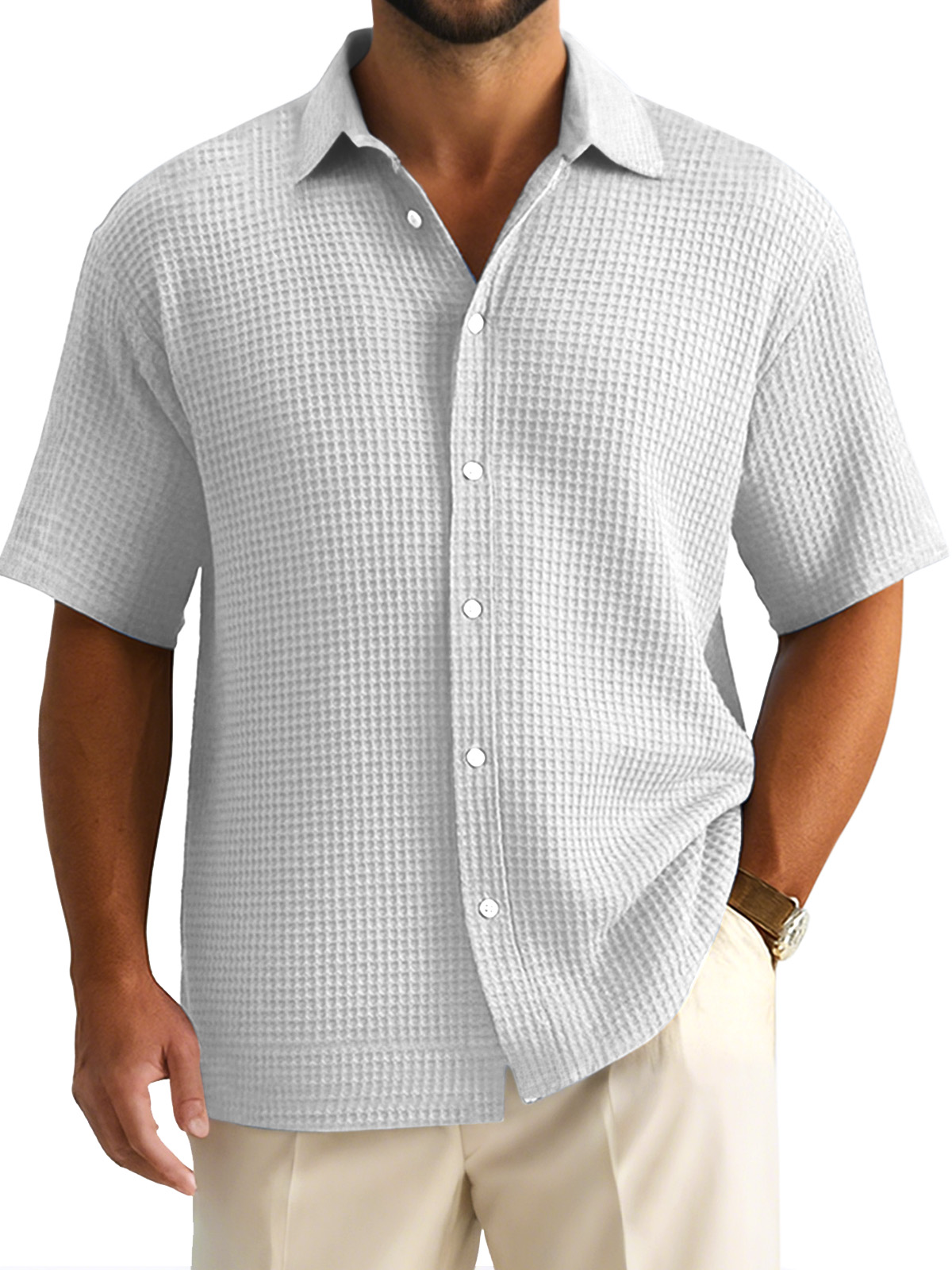 Men's Simple Casual Solid Color Waffle Short-sleeved Button-down Shirt