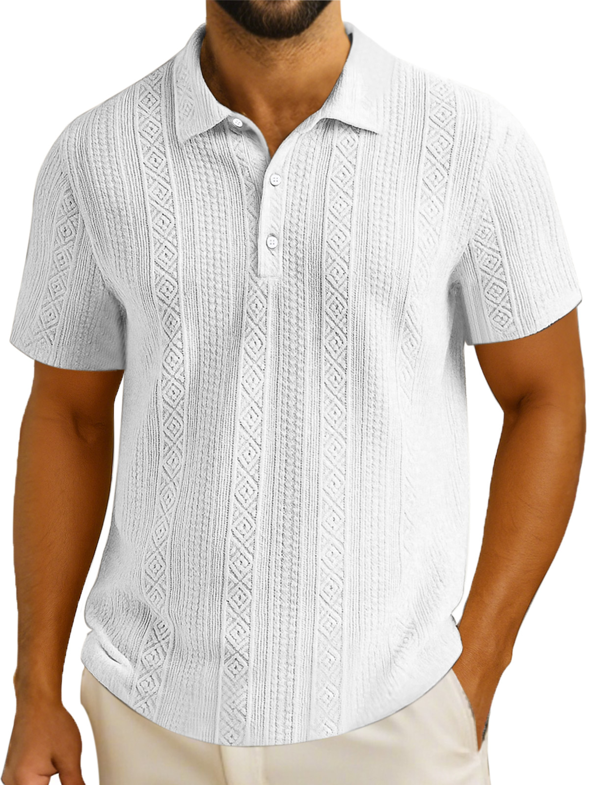 Men's Simple Solid Color Textured Lapel Button Short-sleeved Polo Shirt