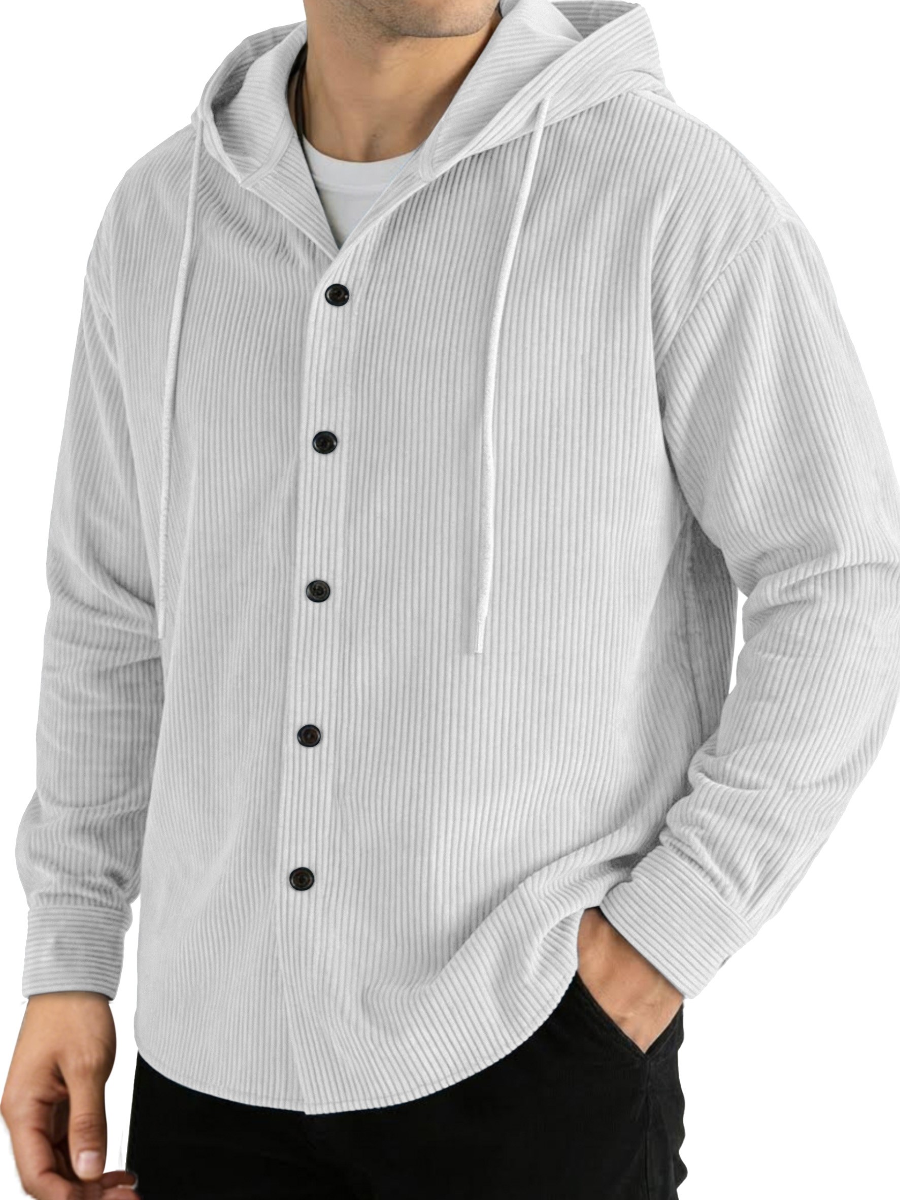 Casual Solid Color Vertical Ribbed Button-Up Hooded Long-Sleeve Shirt
