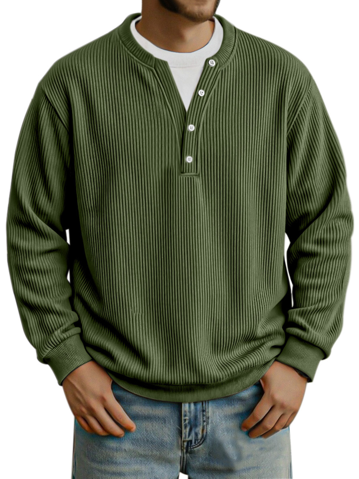 Men's Fashionable Vertical Pit Strip Fake Two-piece Button Design Long-sleeved Top