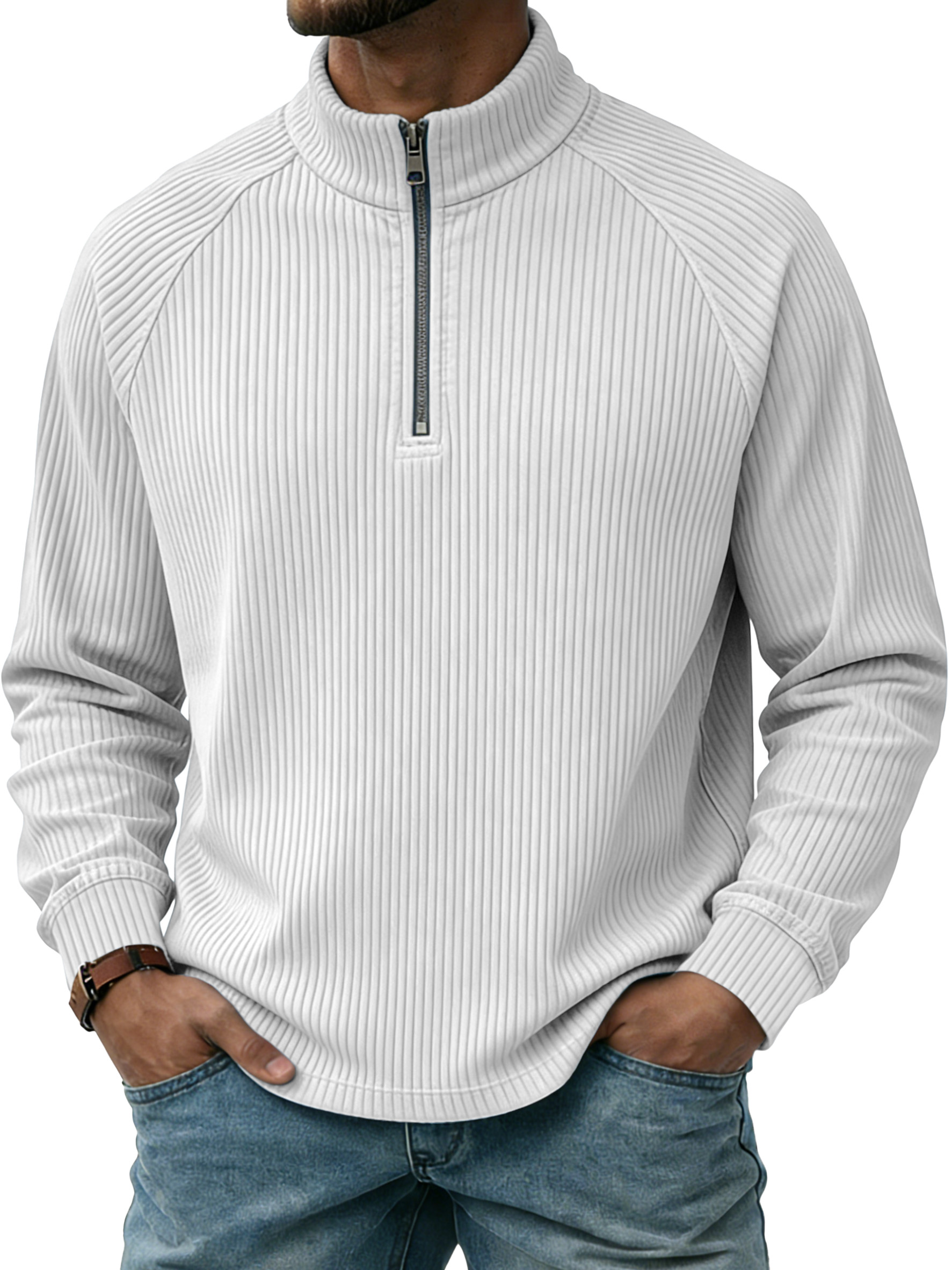 Men's Casual Simple Vertical Stripe Zip-up Stand-collar Raglan Sleeve Polo Shirt