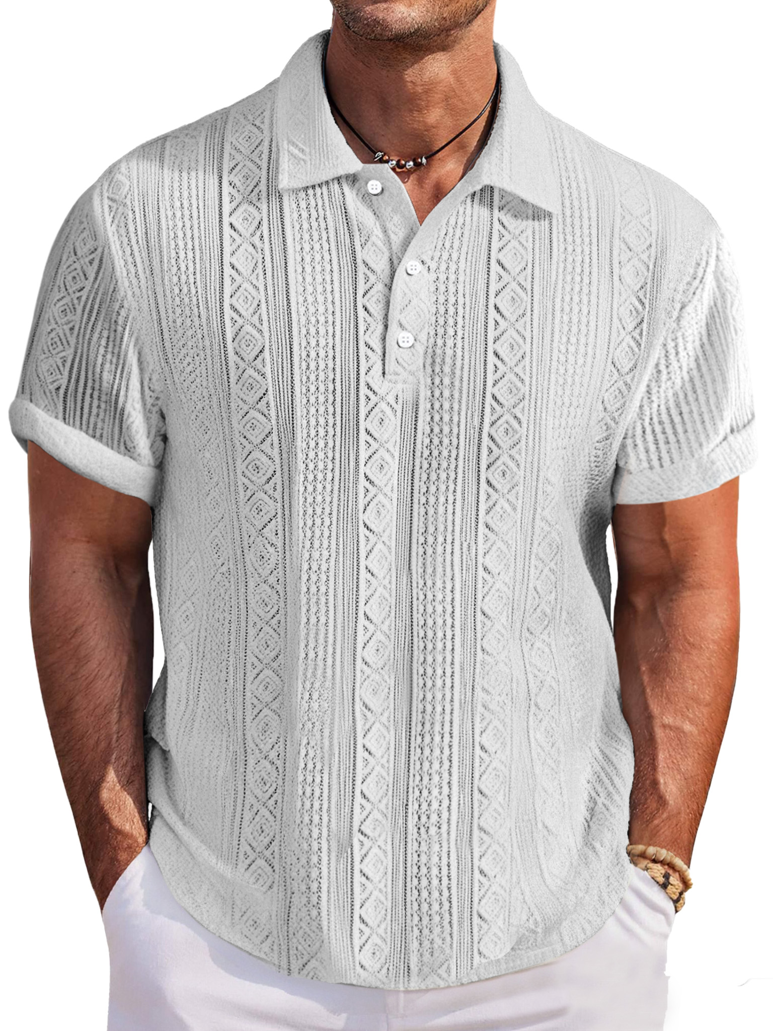 Men's Casual And Comfortable Solid Color Textured Short-sleeved Lapel Polo Shirt