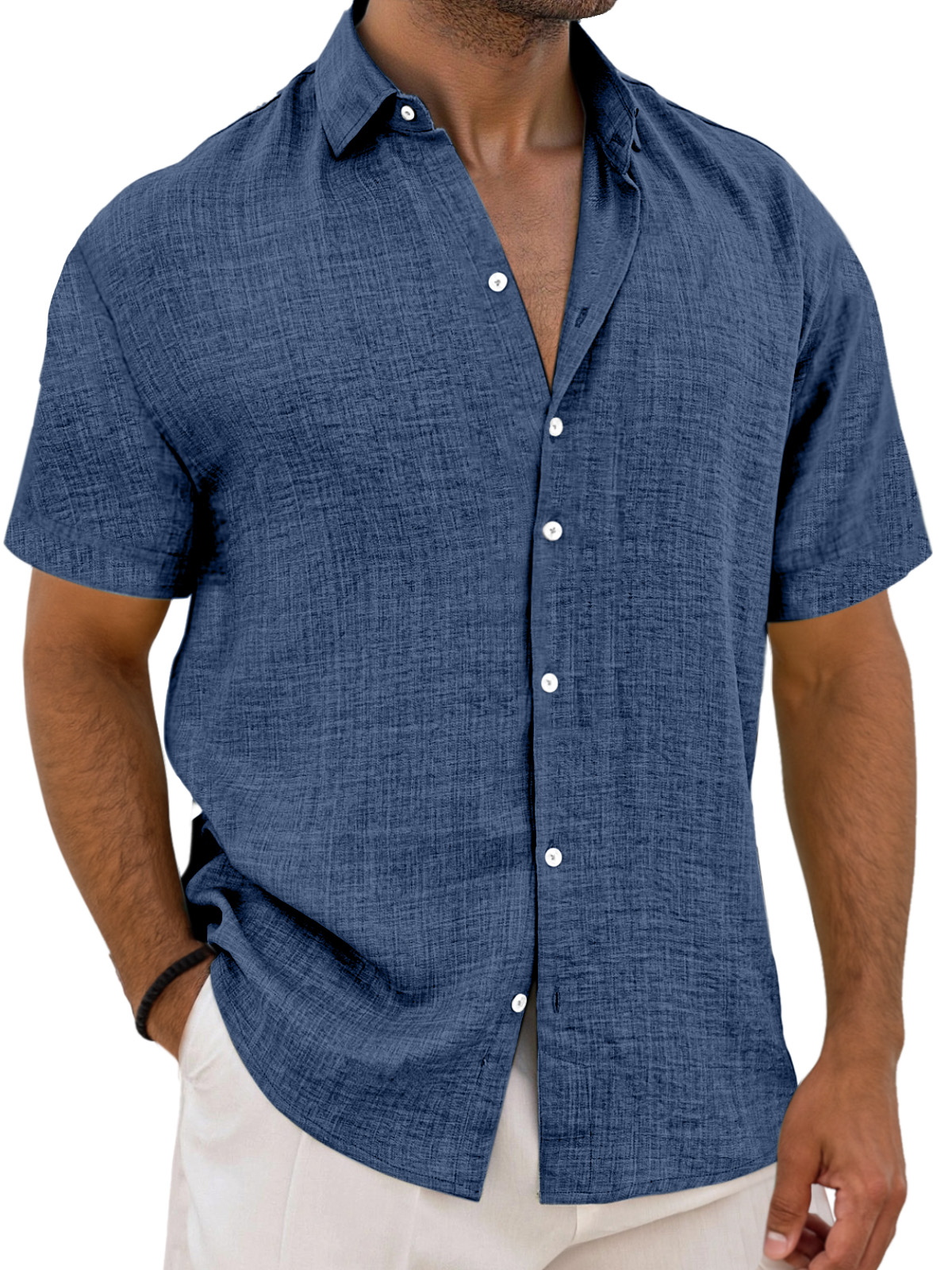 Men's Simple Solid Color Breathable Loose Lapel Short-sleeved Shirt