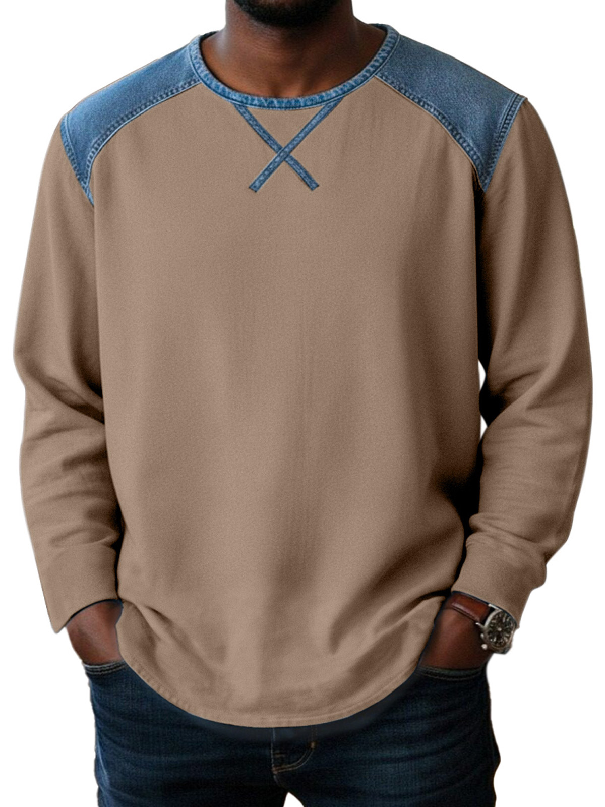 Basic Casual Inverted Triangle Design Spliced ​​round Neck Long-sleeved T-shirt