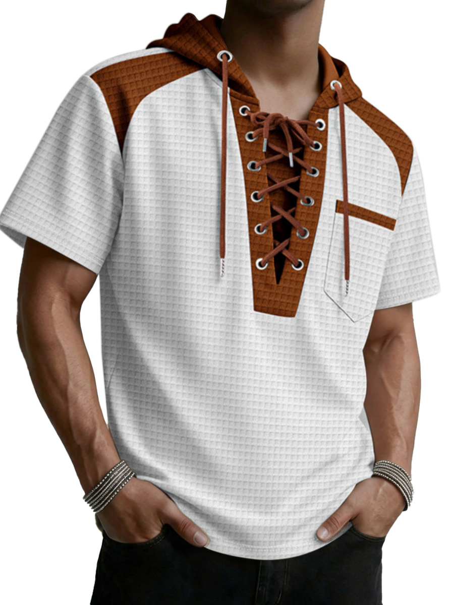 Men's Waffled Short-Sleeve Hoodie Contrast Lace-Up Tee