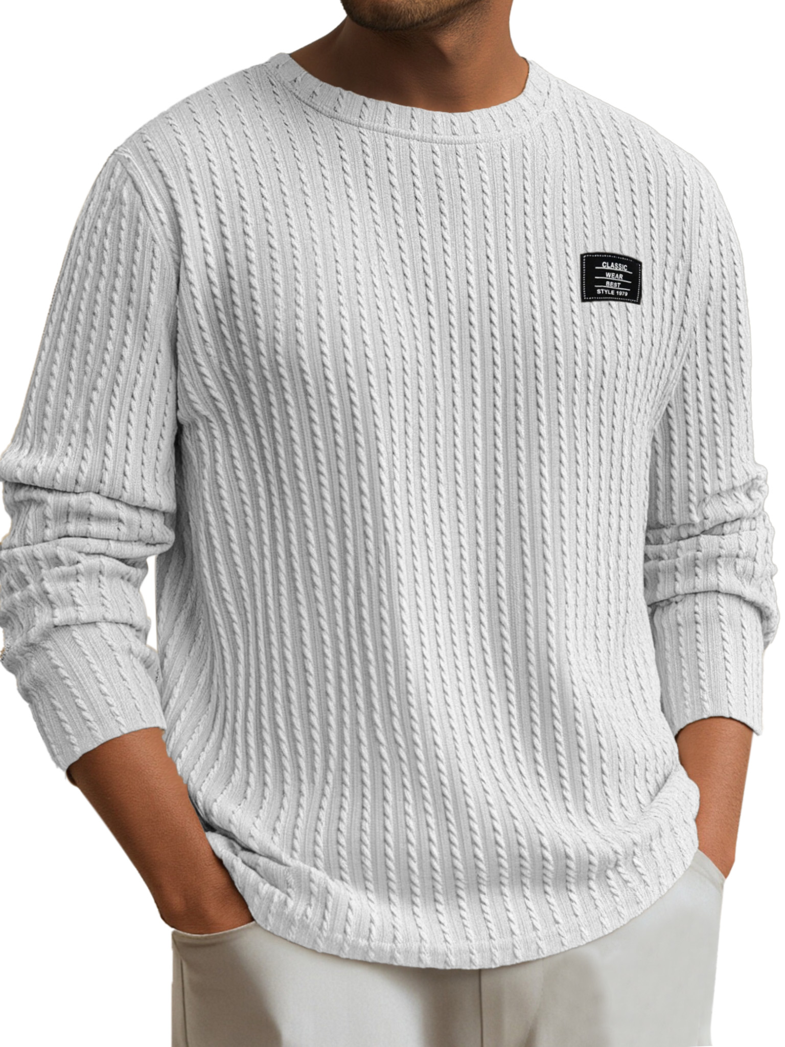 Men's Simple Daily Solid Color Logo Round Neck Long-sleeved T-shirt