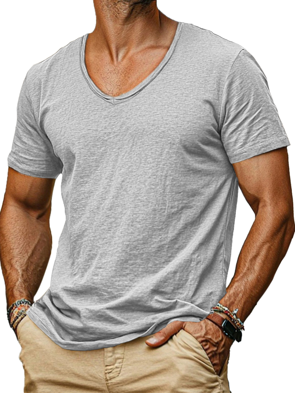 Men's simple and comfortable solid color v-neck short-sleeved T-shirt