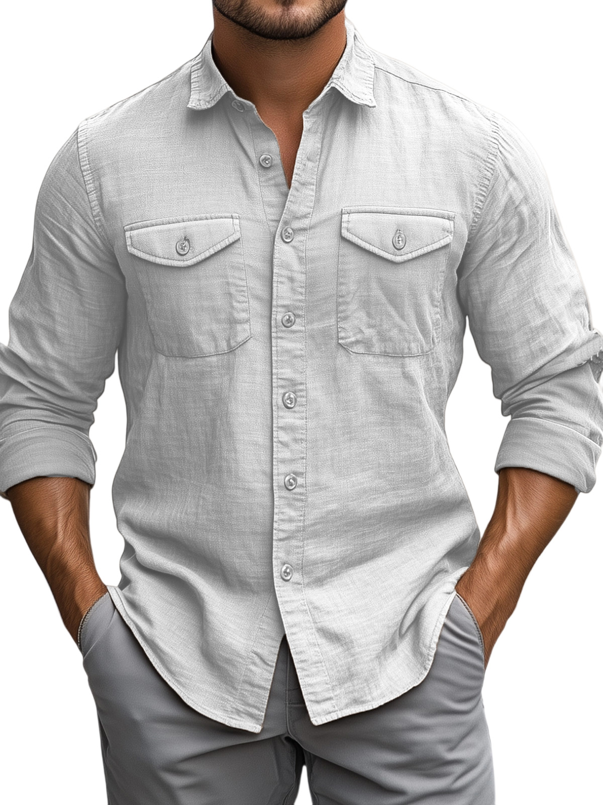 Men's Casual Daily Solid Color Breathable Cotton Long-sleeved Shirt