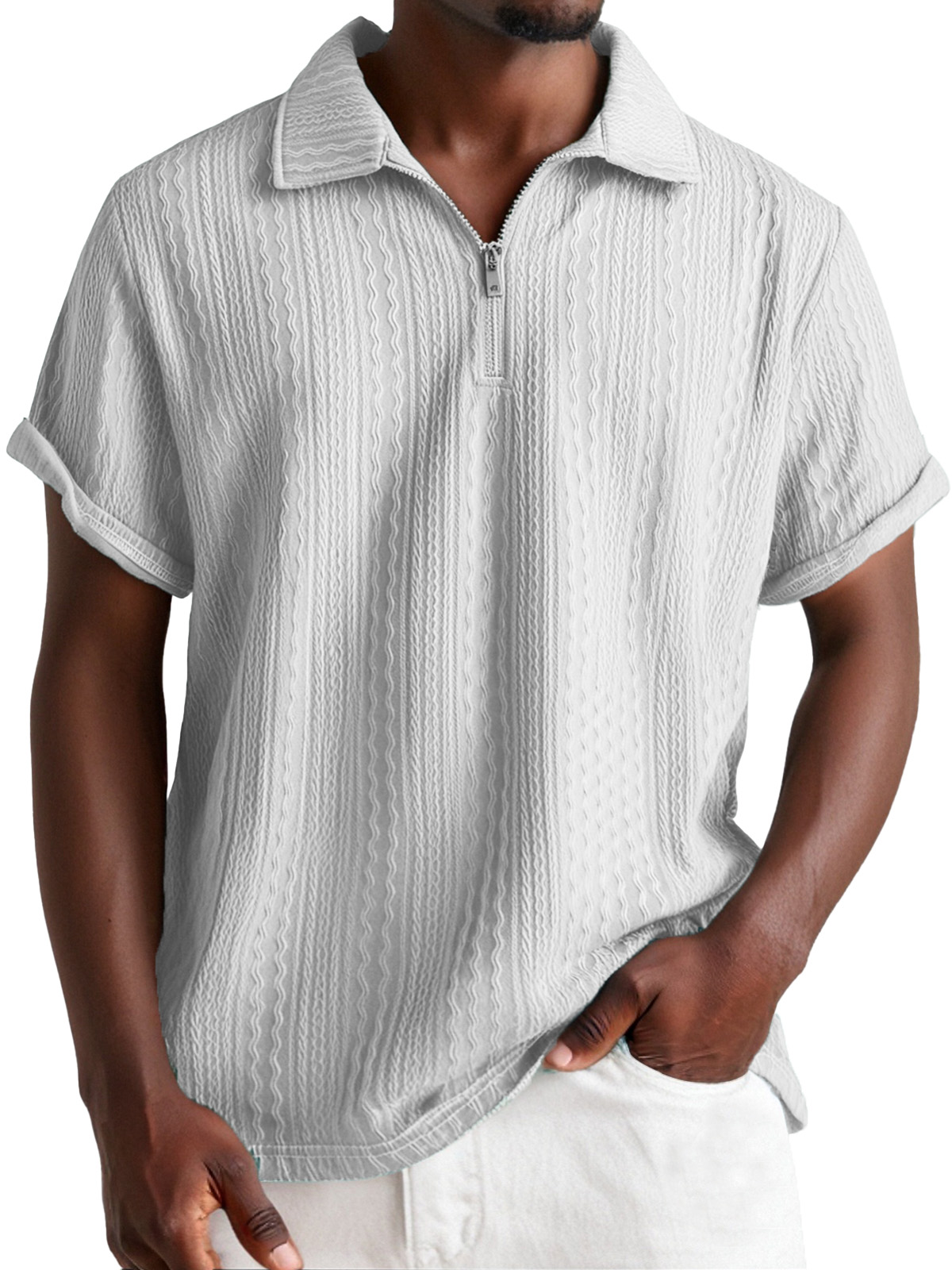 Men's Everyday Design Textured Short-sleeved Lapel Zipper Polo Shirt