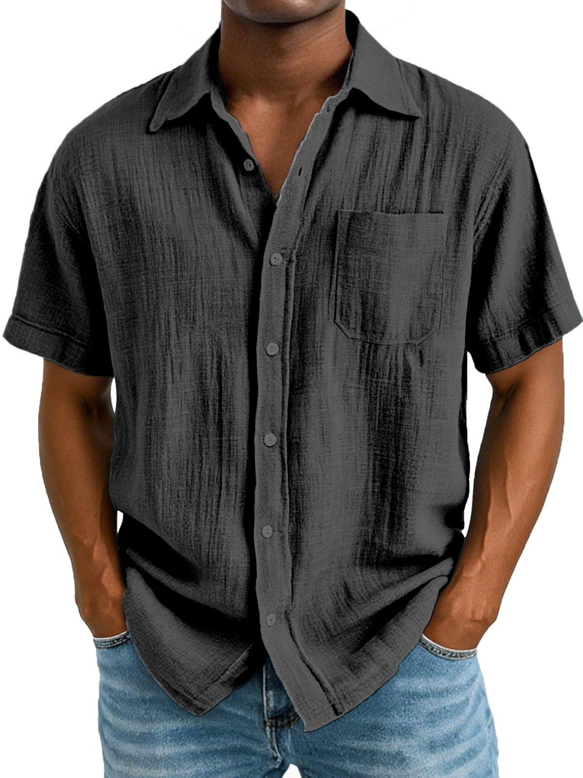 Men's Casual And Comfortable Solid Color Cotton And Linen Short-sleeved Lapel Shirt