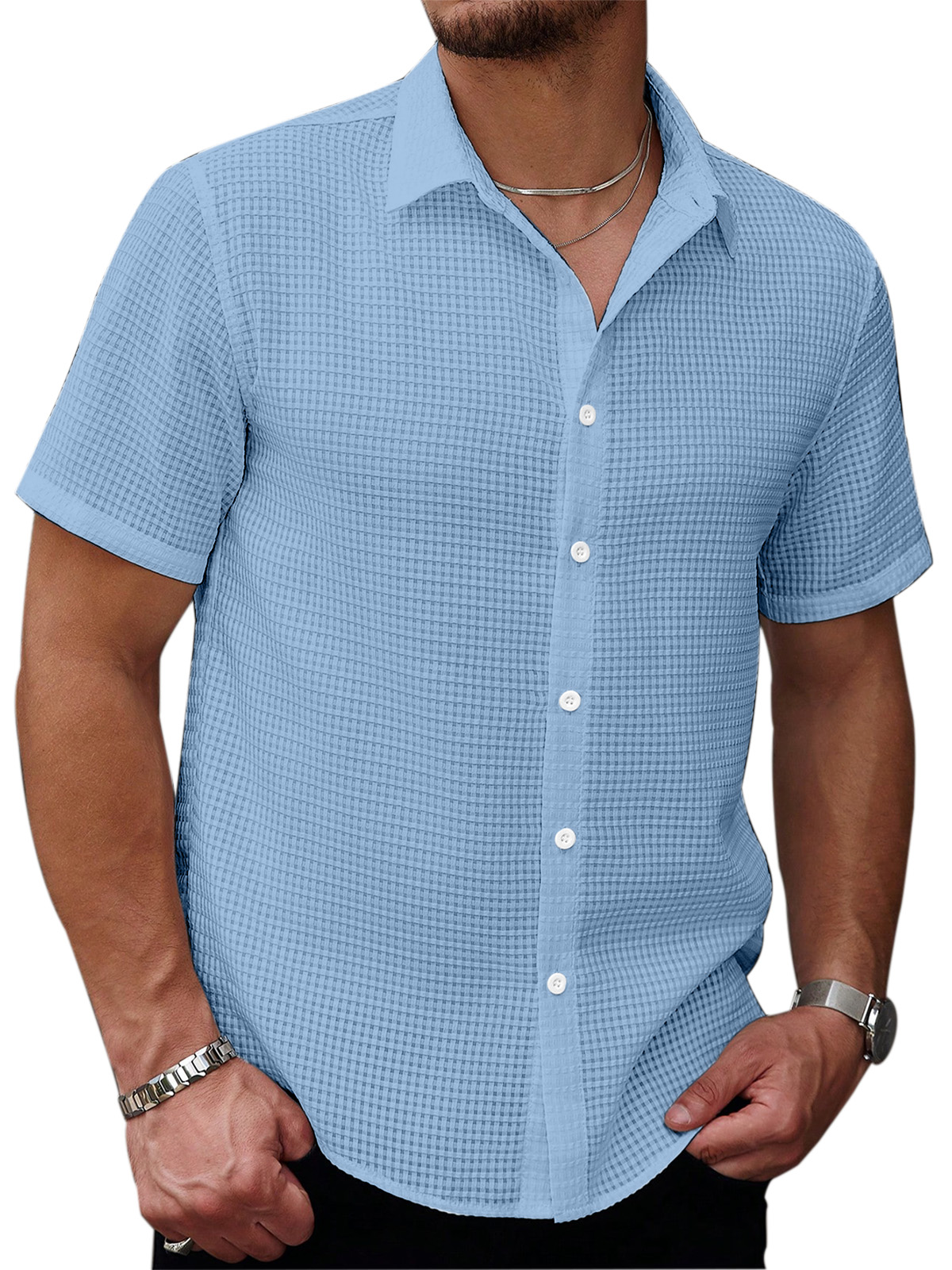 Men's Casual Summer Solid Color Waffle Texture Short-sleeved Button-down Shirt