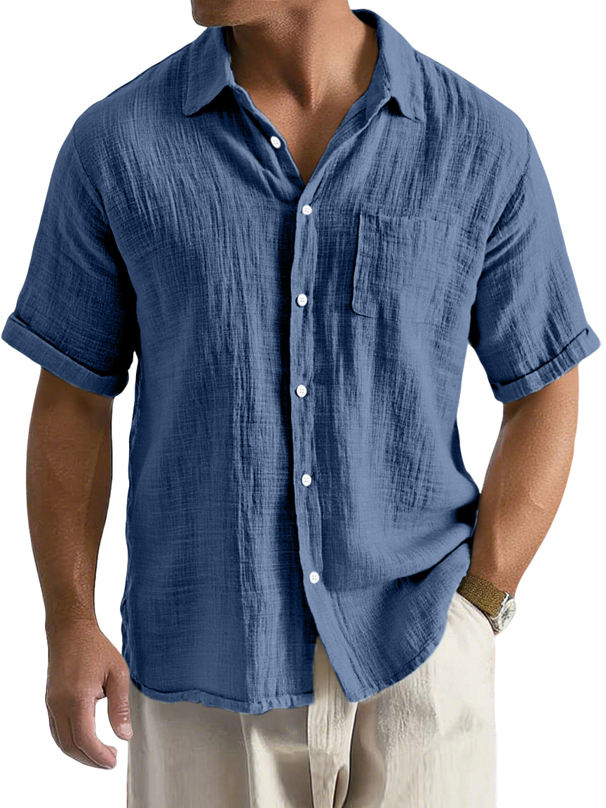Men's Daily Casual Loose And Comfortable Imitation Linen Lapel Short-sleeved Button-down Shirt