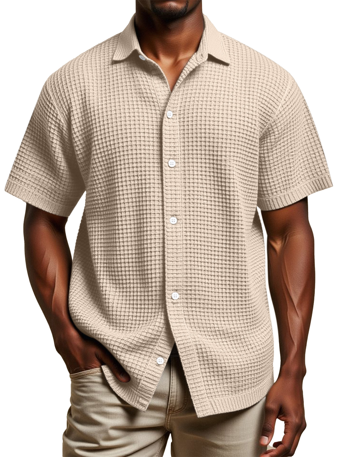 Men's Daily Simple Solid Color Waffle Texture Short-sleeved Lapel Button-down Shirt