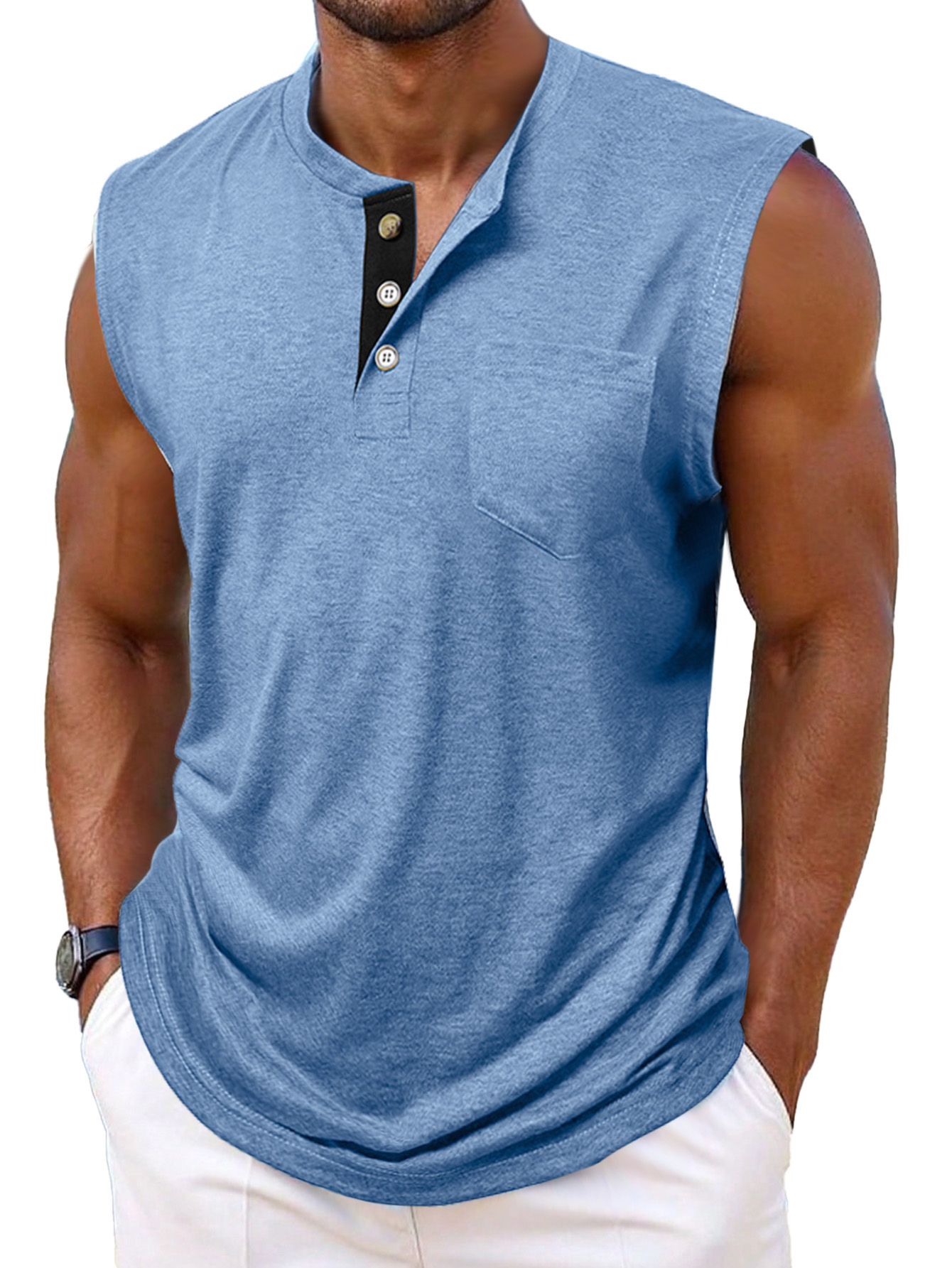 Men's Simple Casual Contrast Color Sleeveless Henley Shirt