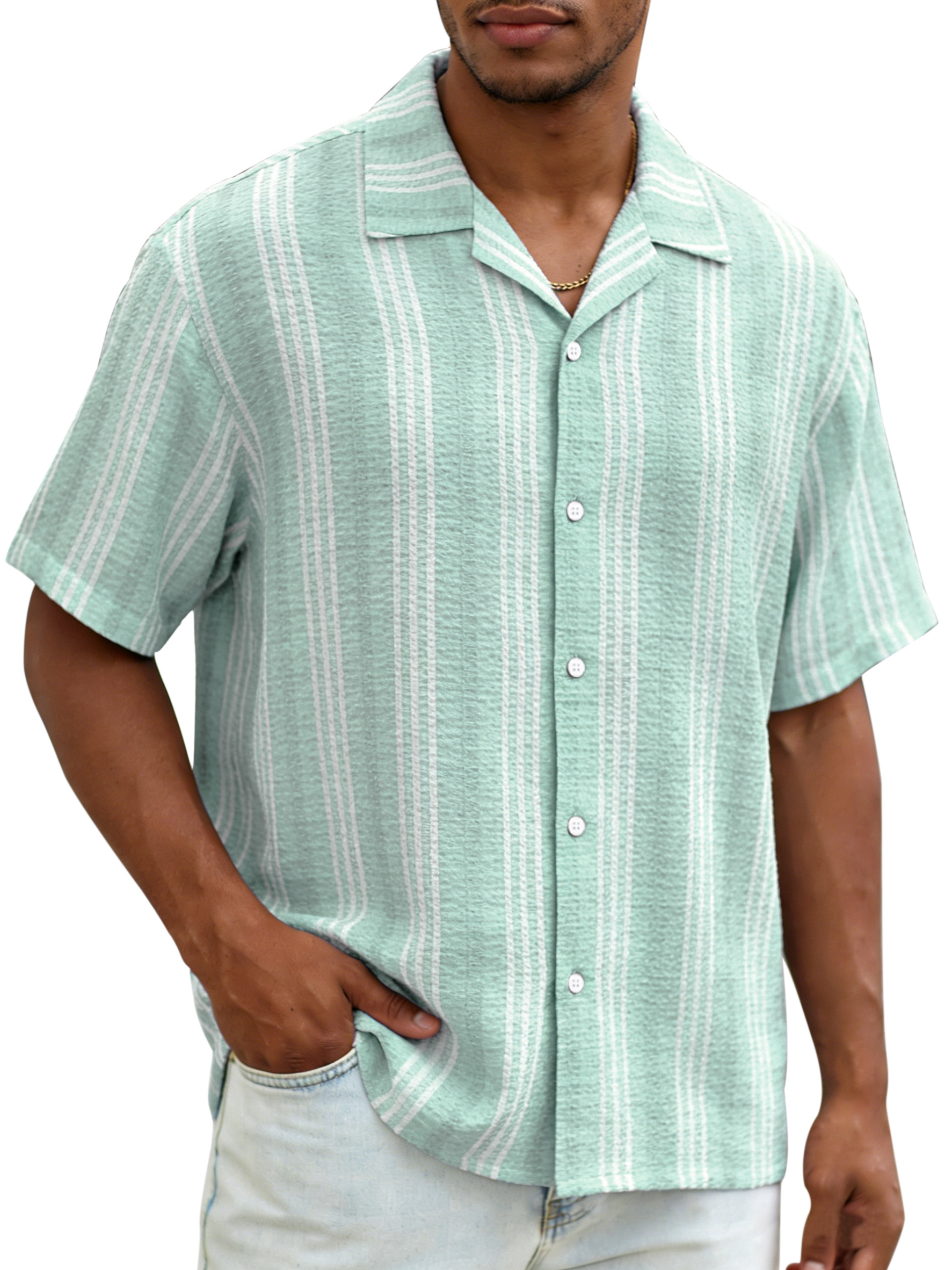 Daily casual resort style vertical striped breathable loose short-sleeved shirt